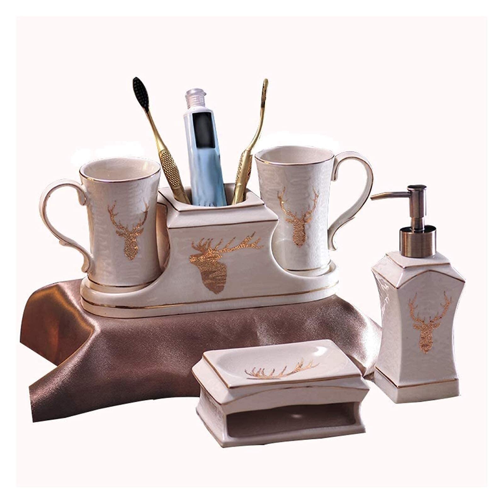 Premium 5-Piece Ceramic Soap Dispenser Set - European Style Bathroom Accessories with Lotion Bottles, Soap Dish & Toothbrush Holder - Perfect for Hotel Decor, Home Spa & Luxury Bathroom Organization