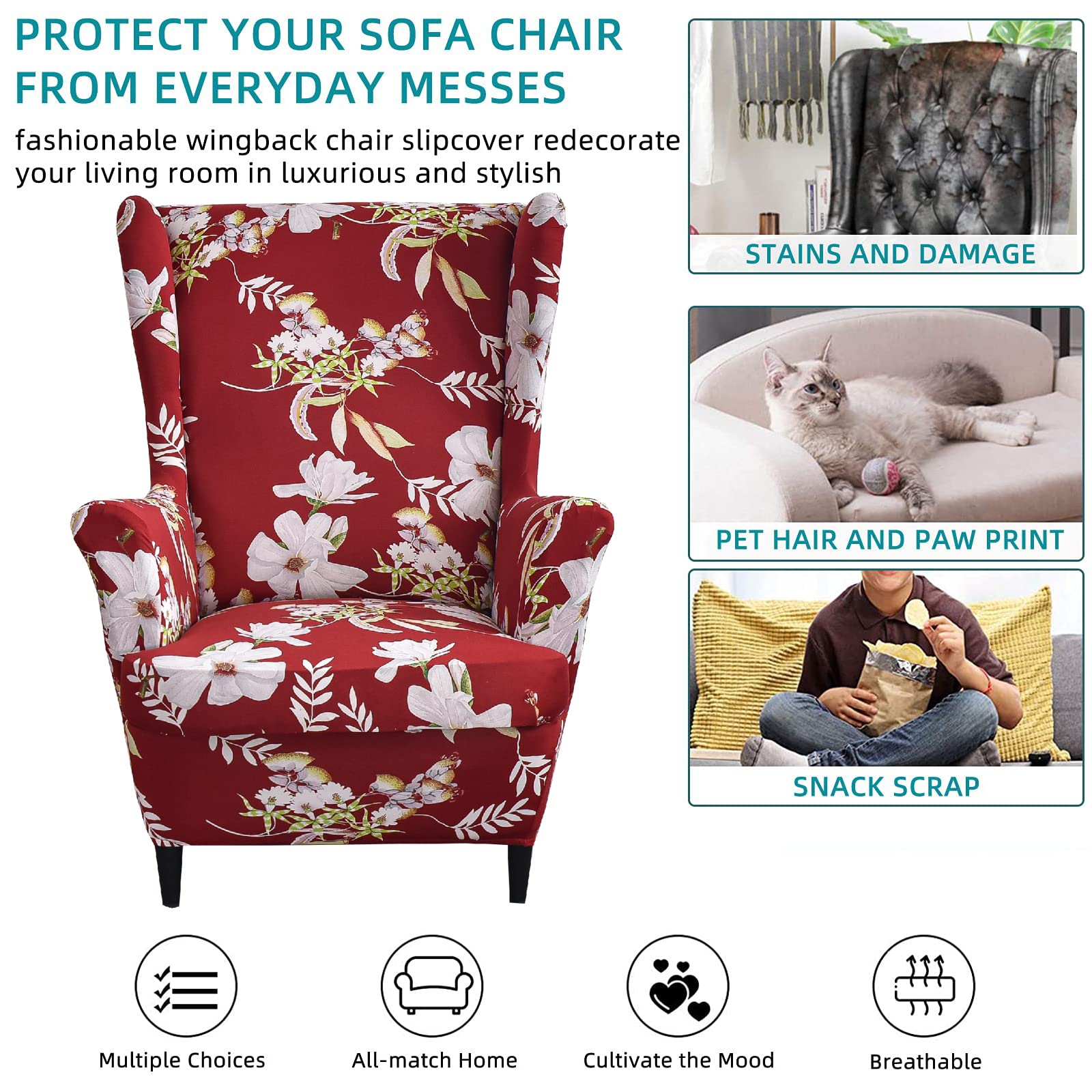 CRFATOP 2-Piece Stretch Wingback Chair Slipcovers - Printed Spandex Fabric Armchair Covers with Elastic Bottom for Living Room & Bedroom - Fits Most Wingback Chairs (34) - Perfect for Home Decor, Furniture Protection, and Style Upgrade