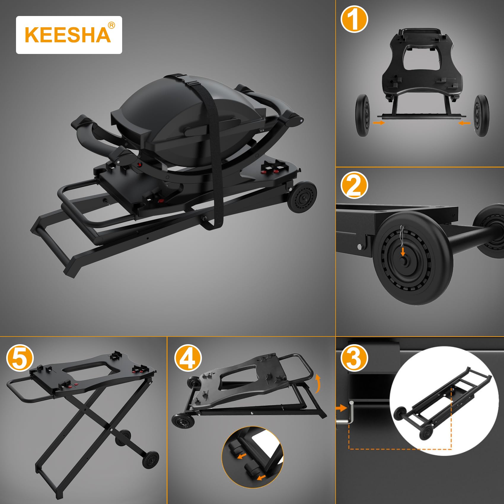Portable Grill Stand for Weber Q Series - Heavy-Duty Collapsible BBQ Table for Q1200, Q1000, Q2000, Q1400 - 2-Wheel Outdoor Cooking Trolley for Tailgating, Camping & Backyard BBQs - Black