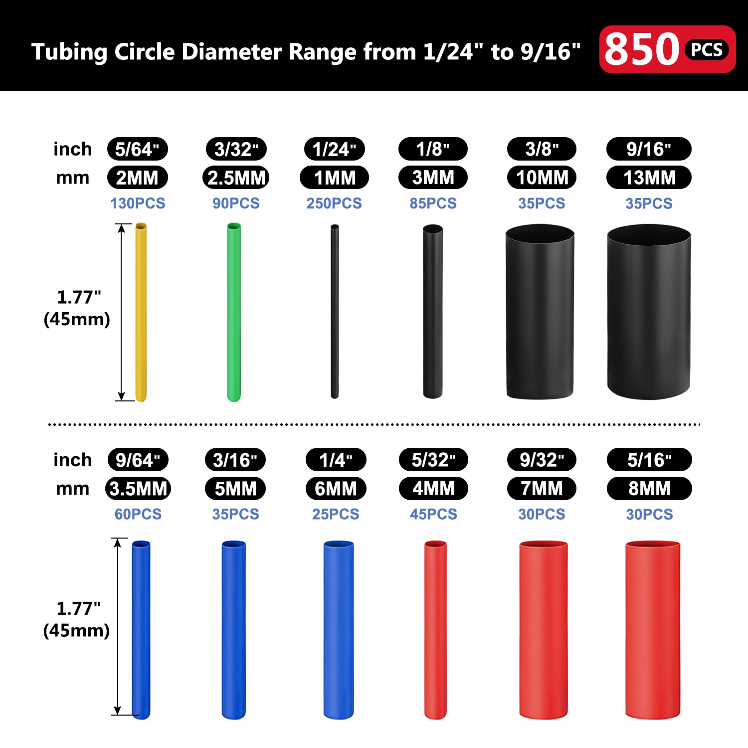 Chanzon 850 Pcs Heat Shrink Tubing Kit - 2:1 Ratio Multi-Color Polyolefin Shrink Wrap Tubing (1.77 Inch Length) for Wire Insulation, Cable Protection & DIY Electronics Projects - Waterproof Electrical Sleeving for Home, Automotive & Industrial Use