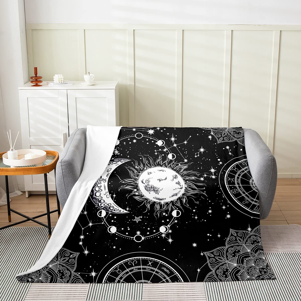Bohemian Sun and Moon Fleece Throw Blanket - 50x60 Inch Soft Fuzzy Blanket for Kids & Adults | All-Season Plush Couch Blanket for Sofa, Bed, Dorm | Psychedelic Hippie Decor for Living Room, Nursery
