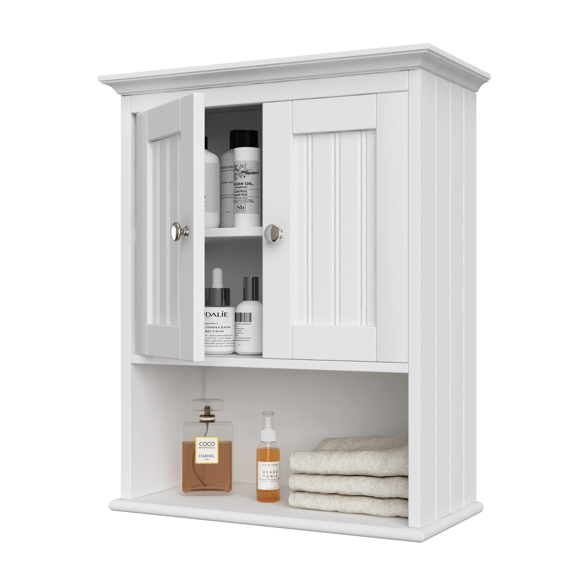 Treocho Rustic White Wood Wall Cabinet with Doors & Adjustable Shelf - Bathroom Medicine Storage, Wall Mounted Cabinet for Living Room, Kitchen & Cupboard Organization | Perfect for Small Space Storage & Home Decor