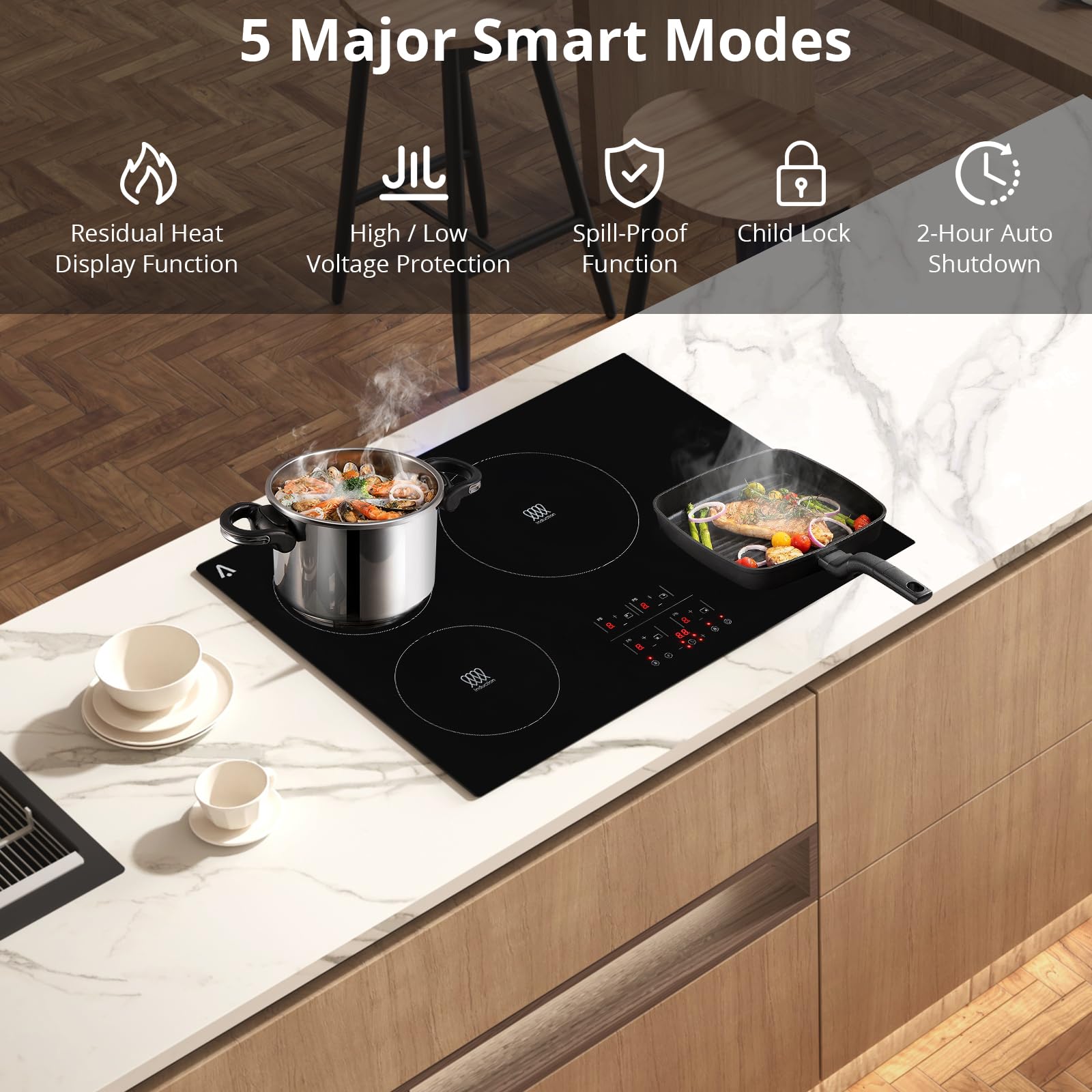 GARVEE 30-Inch 4 Burner Electric Cooktop 7800W Built-In Ceramic Glass Stovetop with Safety Lock & Timer, 240V Black - Perfect for Modern Kitchens, Cooking Enthusiasts & Family Homes