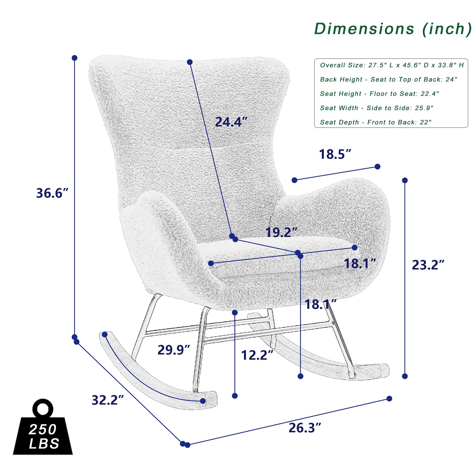 KINFFICT Nursery Rocking Chair - Teddy Velvet Upholstered Glider Rocker with High Backrest, Mid Century Modern Armchair for Living Room, Bedroom & Office | Comfortable Accent Chair for Nursing, Reading & Relaxing