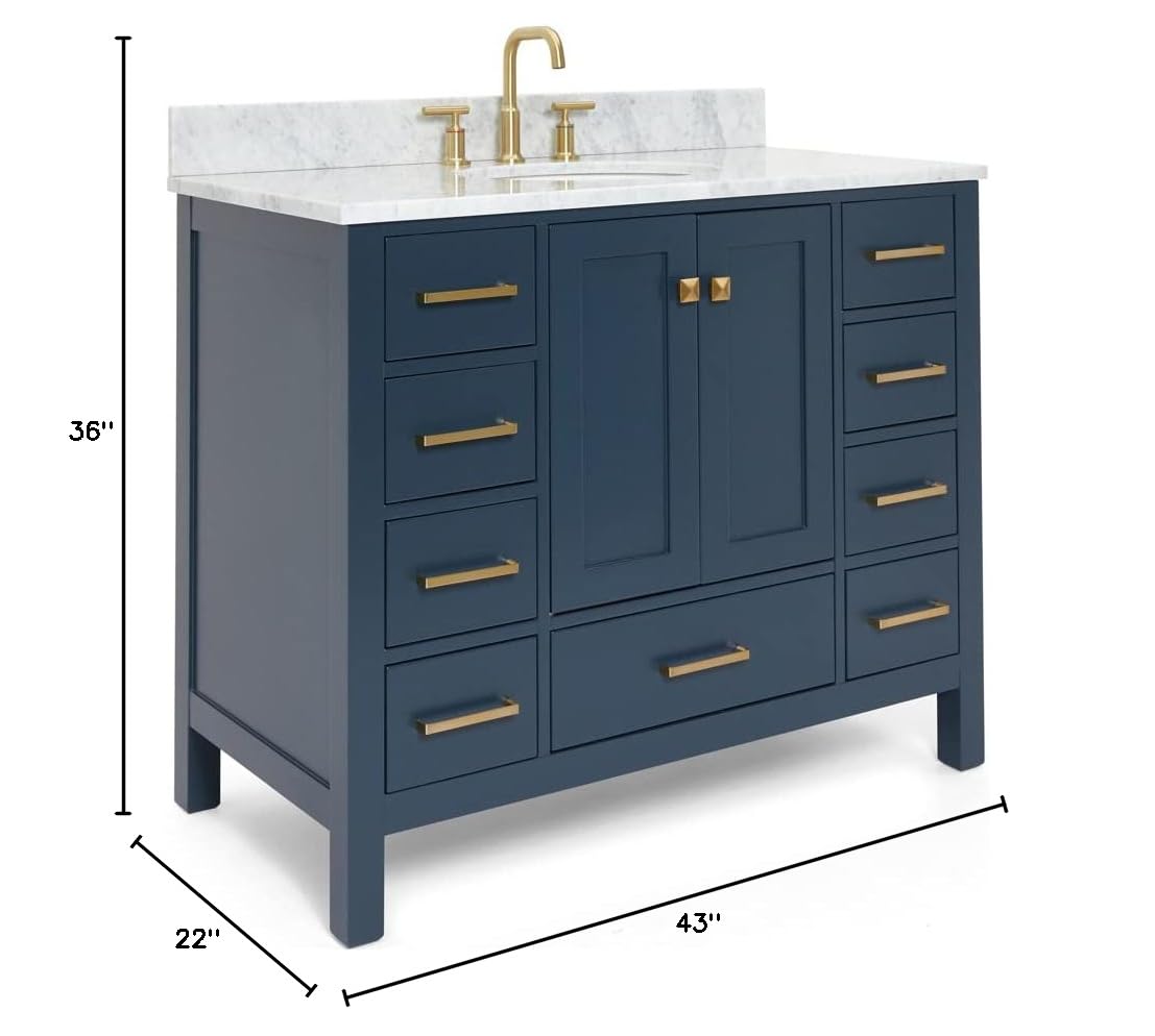 ARIEL Cambridge 43 Inch Blue Bathroom Vanity with Carrara Marble Top & Oval Sink - Solid Wood Midnight Blue Base Cabinet with 2 Soft-Closing Doors & 9 Drawers - Perfect for Modern Bathroom Renovation & Small Space Design