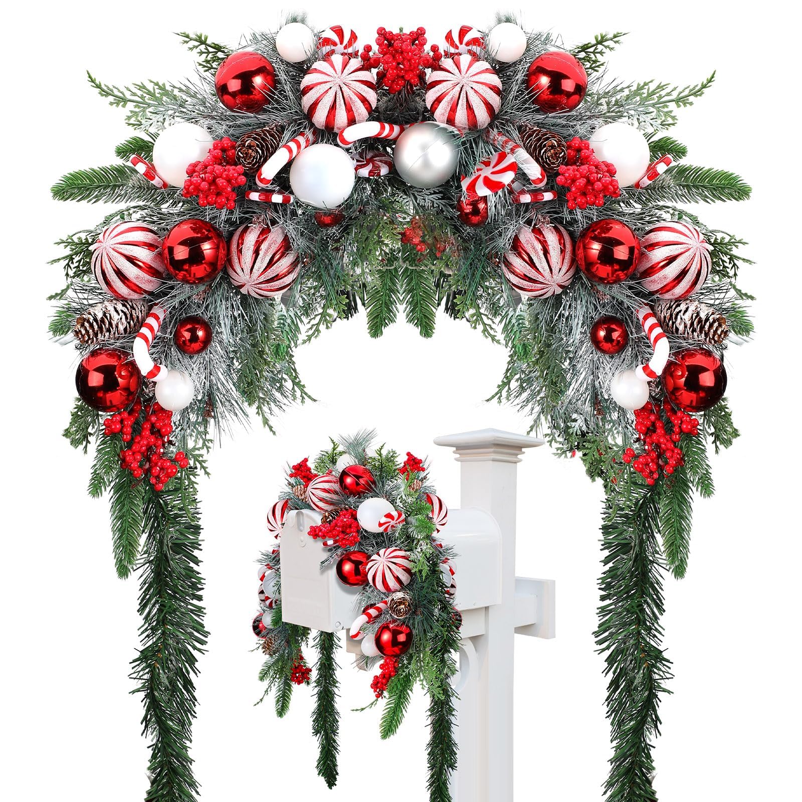 Artificial Candy Cane Christmas Mailbox Swag with LED Lights, Berry Clusters & Pine Cones - Outdoor Holiday Mailbox Decor for Home, Porch and Yard | Waterproof & Durable Christmas Decoration