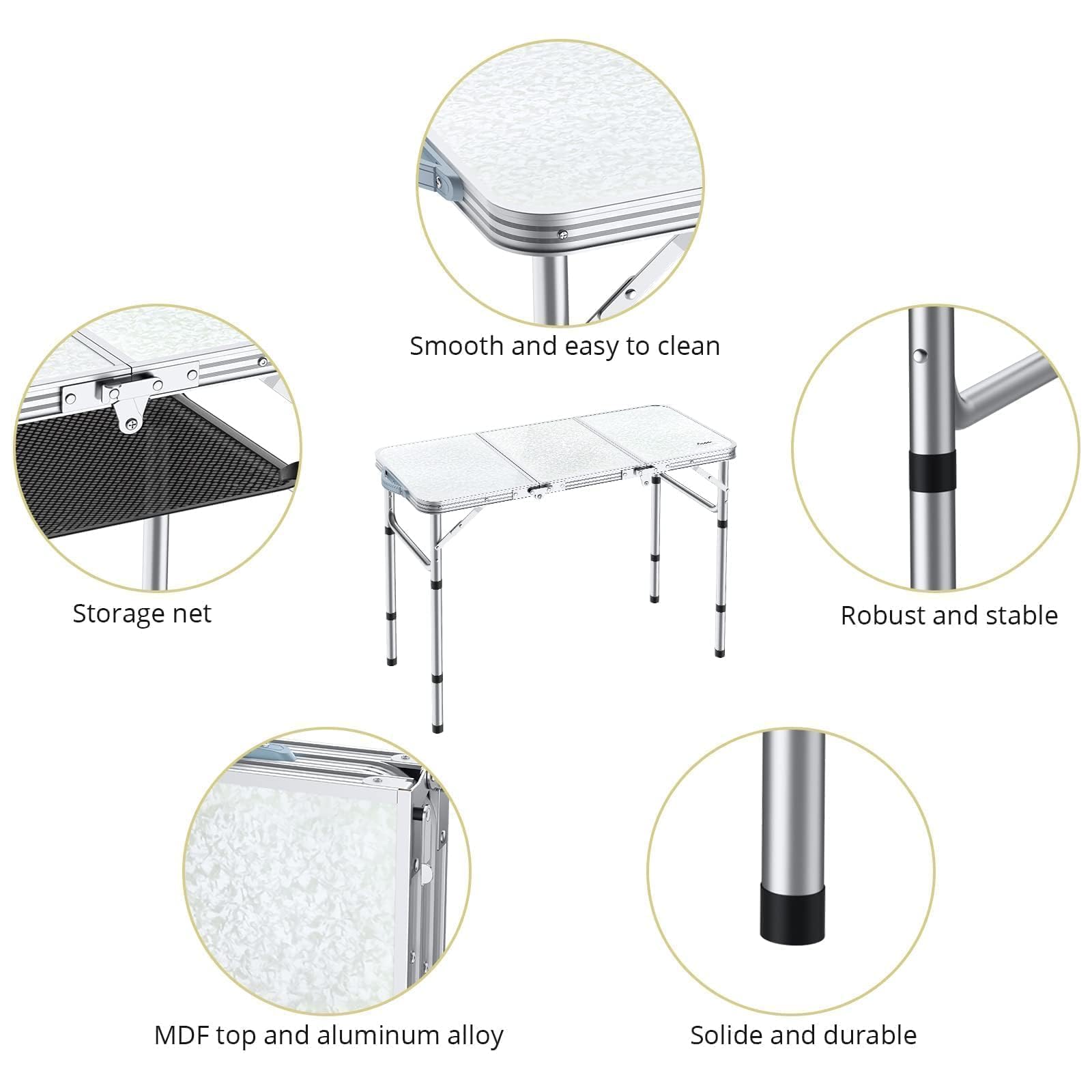 Portable 3ft Aluminum Folding Camping Table with Storage Net - 3 Adjustable Heights up to 27.1
