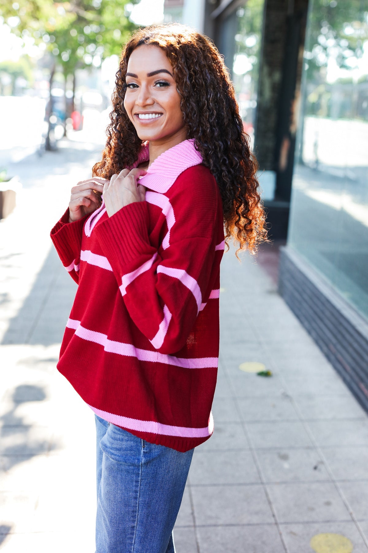 Fall For You Crimson Stripe Notched Neck Collared Oversized Sweater - Women's Cozy Knit Pullover for Autumn & Winter | Perfect for Casual Outfits, Date Nights & Holiday Gatherings