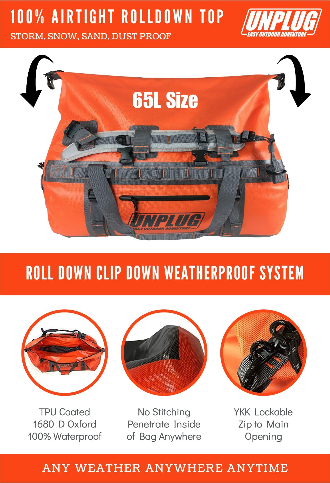 UNPLUG Ultimate Adventure Bag - 1680D Heavy Duty Waterproof Travel Duffel Bag for Camping, Hiking, Motorcycle & Boating | Tactical Duffle Backpack for Outdoor Sports, Travel & Emergency Preparedness