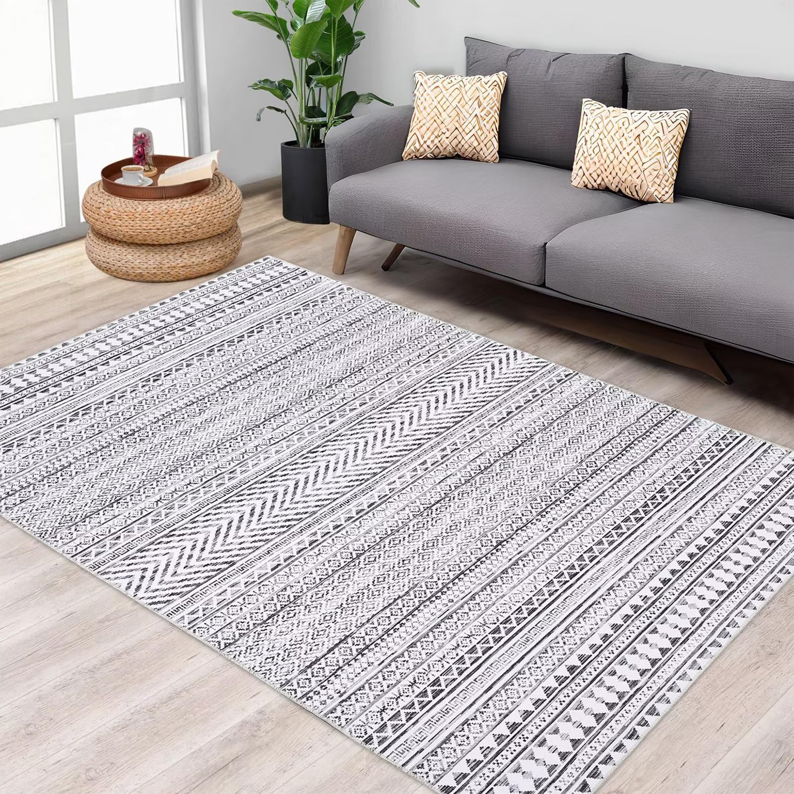 Zacoo Boho Area Rug 8x10 Grey Moroccan Bohemian Large Rug - Machine Washable Non-Slip Geometric Floor Carpet for Living Room, Bedroom, Dining Room & Office - Stain Resistant Indoor Modern Accent Rug for Home Decor