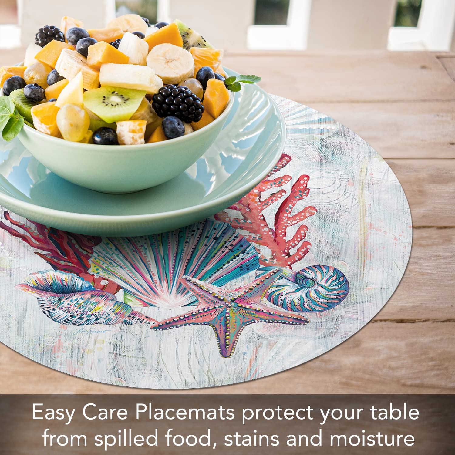 CounterArt Jewels of The Sea 4-Pack Round Reversible Plastic Placemats – Easy Care, Flexible & Wipe Clean – Made in USA – Perfect for Dining Tables, Kitchens & Outdoor Entertaining