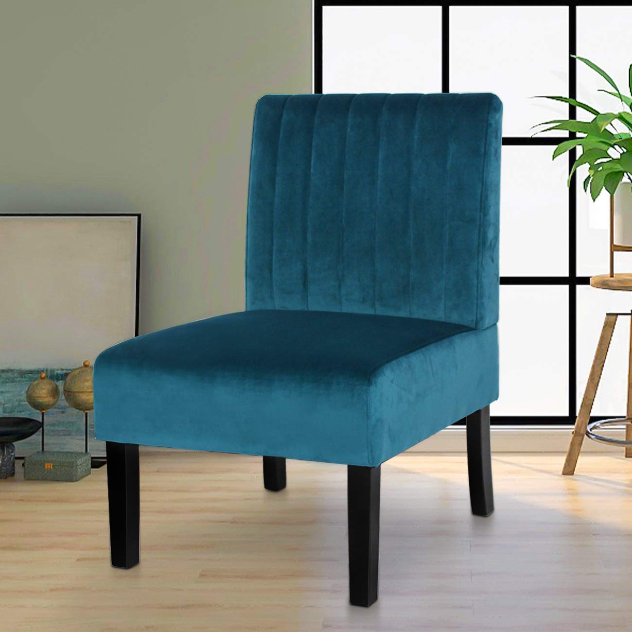 STHOUYN Modern Velvet Armless Accent Chair - Blue Slipper Chair for Bedroom, Living Room & Vanity | Stylish Decorative Side Chair for Desk, Corner & Small Spaces | Comfortable Seating for Reading Nook, Dressing Area & Lounge
