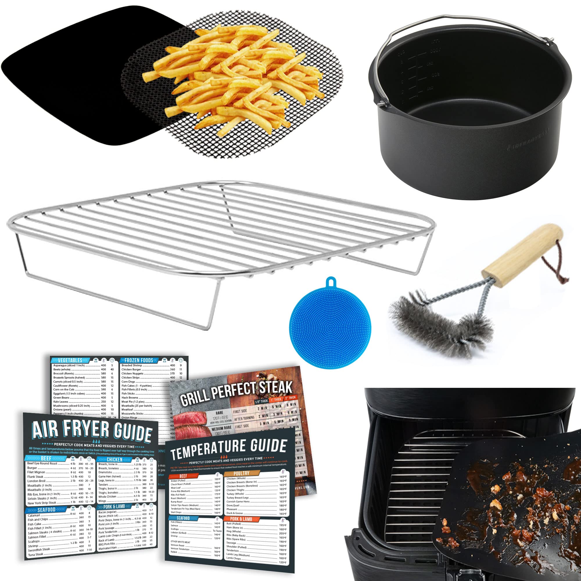 11-Piece Air Fryer Accessories Set - Compatible with Instant Vortex, Cosori, Cuisinart & Most Square Air Fryers | Includes Baking Pan, Rack & Cooking Time Cheat Sheet Magnets | Perfect for Healthy Frying, Baking & Roasting | by INFRAOVENS