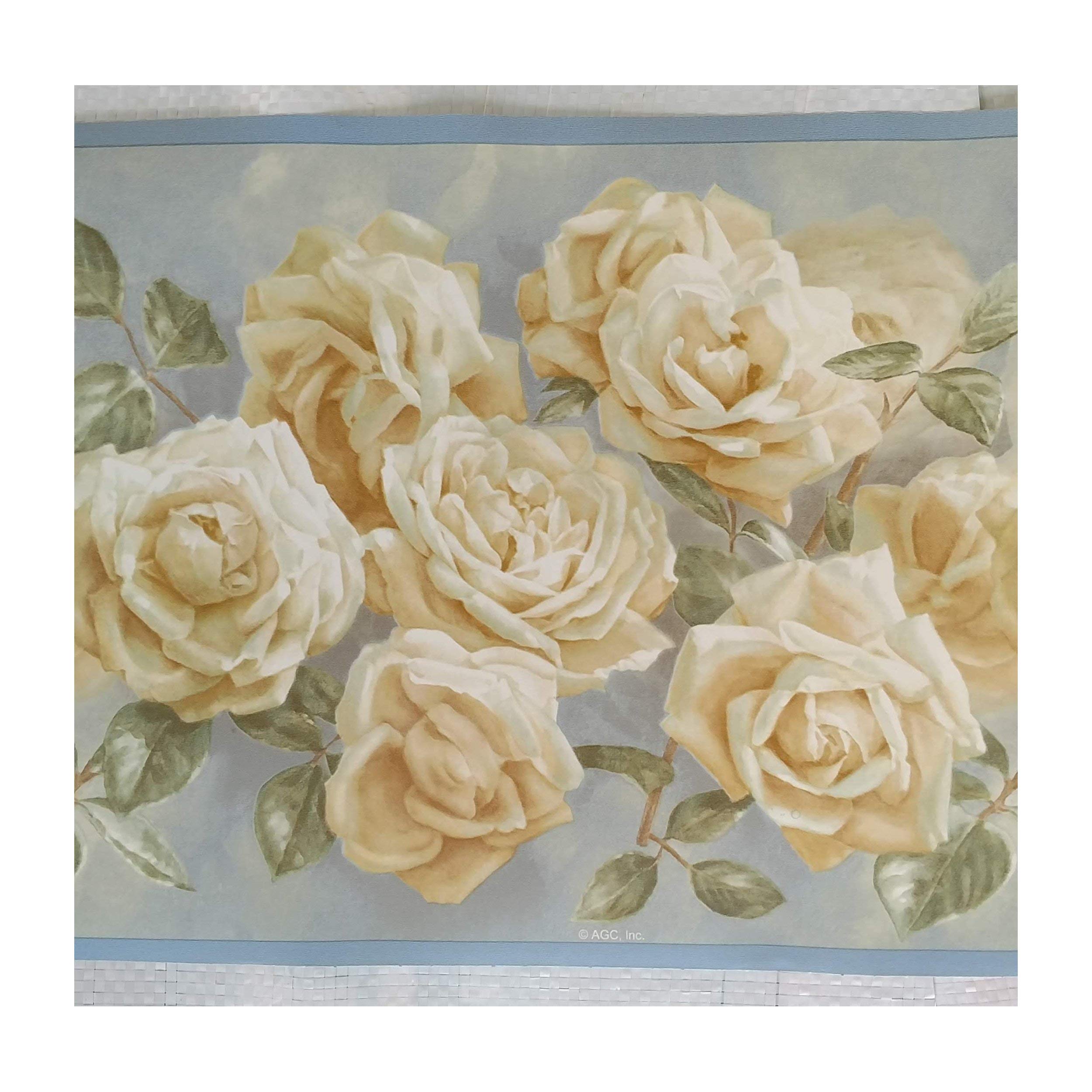 Blue and White Roses Floral Wallpaper Border - Self-Adhesive Peel and Stick Wall Decoration for Bedroom, Living Room, Nursery & Home Decor