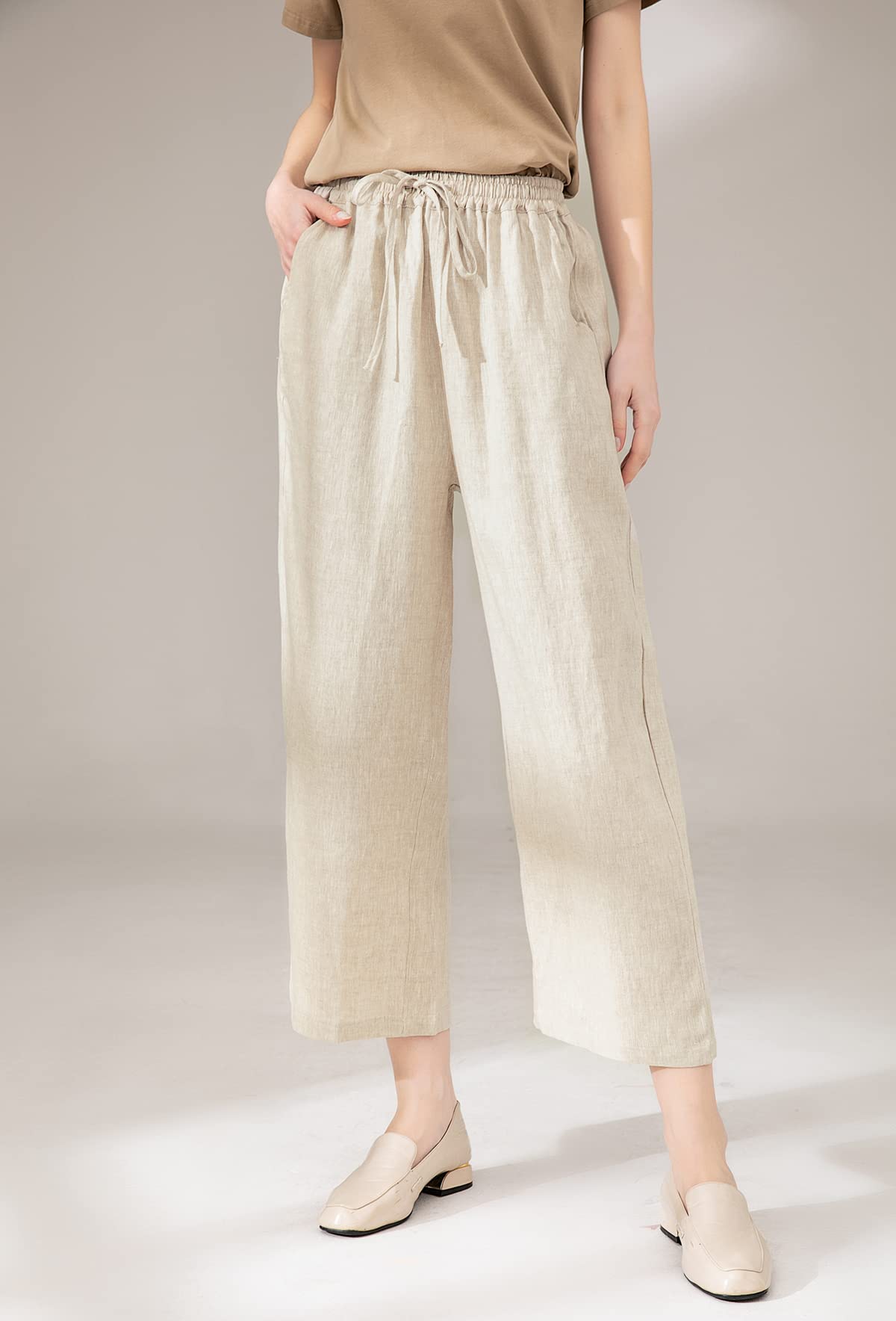 LaovanIn Women's Wide Leg Palazzo Pants - Linen Drawstring Cropped Trousers & Culottes for Summer, Beach, and Casual Wear