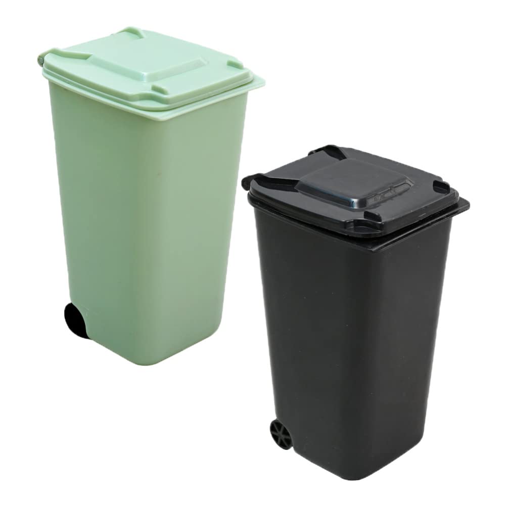 2-Pack Mini Desktop Trash Can with Lid - Small Plastic Waste Basket for Home, Office, Kitchen & Bathroom | Compact Green & Black Garbage Bin for Desk, Countertop & Dorm Room Organization
