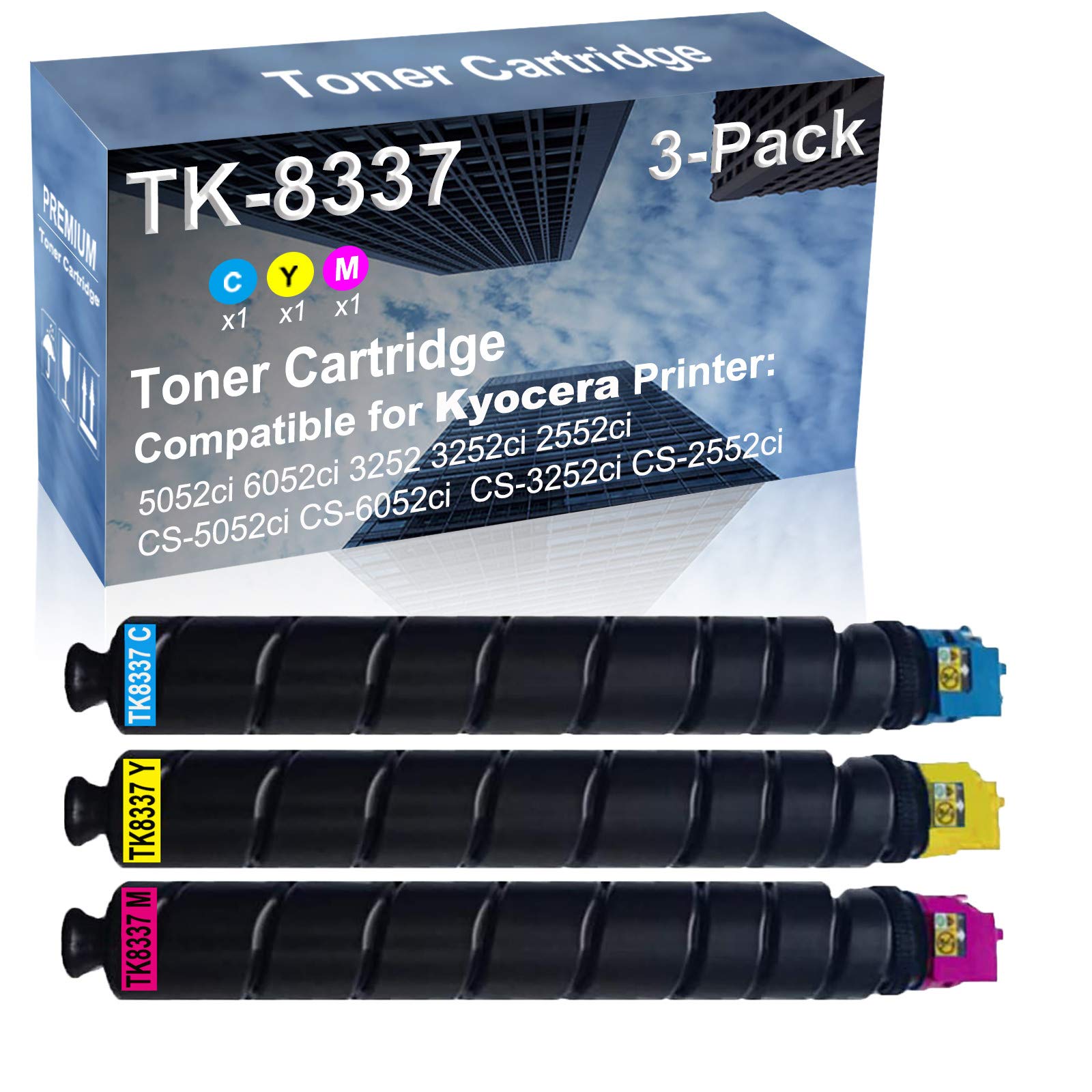 3-Pack (Cyan+Yellow+Magenta) High Yield TK8337 Compatible Toner Cartridge for Kyocera CS-5052ci/CS-6052ci/CS-3252ci/CS-2552ci Laser Printers - Ideal for Office & Home Printing Needs