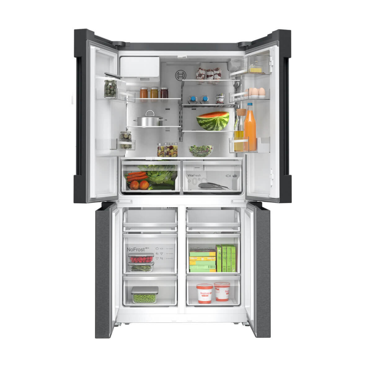 Bosch Series 6 36-Inch Quad Door Refrigerator with Ice Maker & Plumbed Water Dispenser - Stainless Steel KFD96AXEAA - Perfect for Modern Kitchens & Entertaining