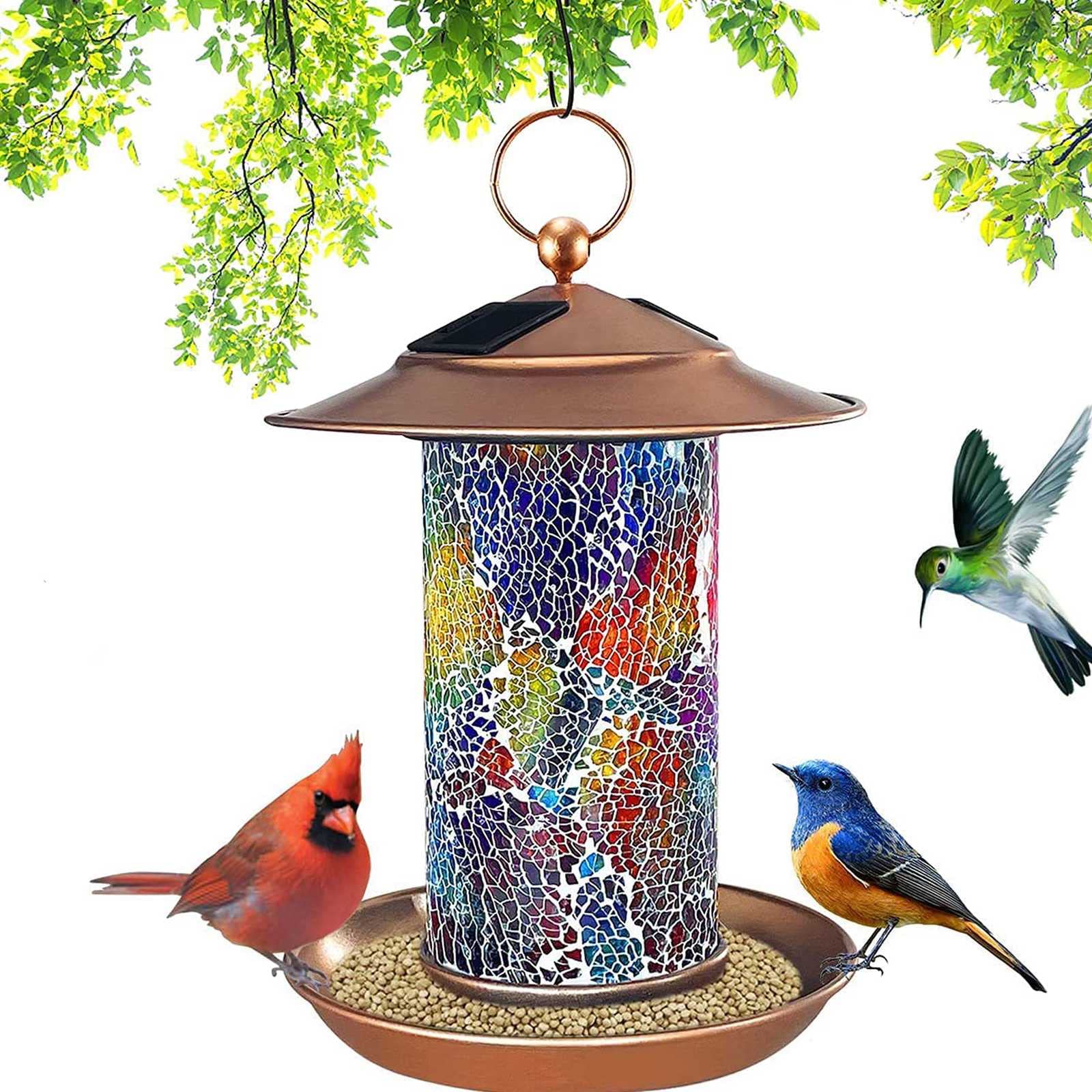 Solar-Powered Bird Feeder with LED Light - Waterproof Hanging Wild Bird Seed Feeder for Outdoor Garden Decoration - Attracts Cardinals, Finches & Hummingbirds - Perfect for Backyard, Patio & Birdwatching