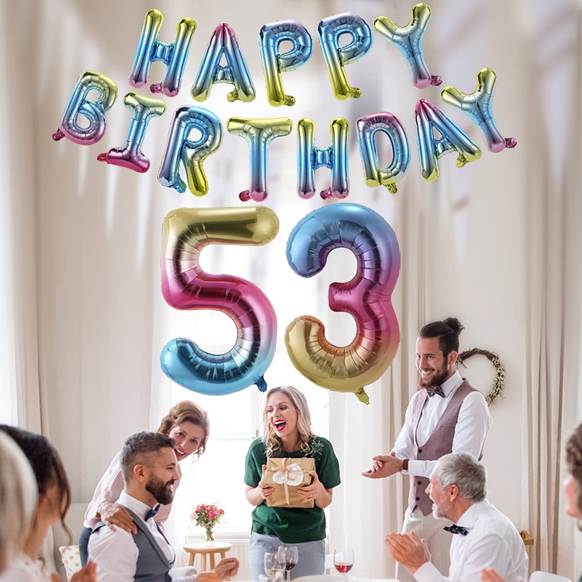 Happy Birthday 53 Banner Balloons - 40 Inch Rainbow Gradient Foil Number & Letters for Men & Women - 53rd Party Decorations Supplies - Perfect for Birthdays, Anniversaries & Celebrations