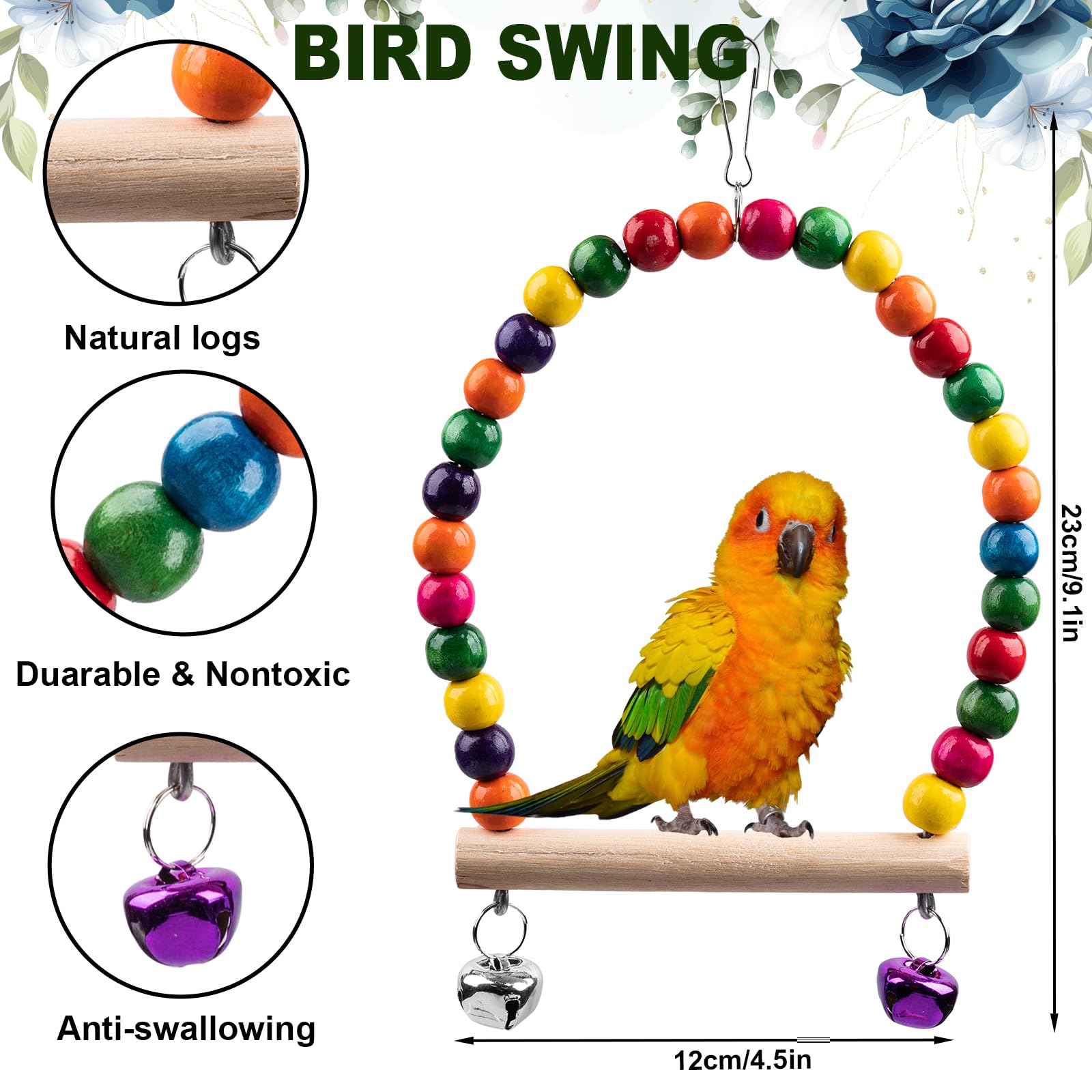 7pcs Bird Toys for Parakeets & Small Birds - Wooden Perch Swings, Ladder & Climbing Toys for Conure, Cockatiel & Budgie - 18'' - Perfect for Cage Enrichment & Playtime Activities