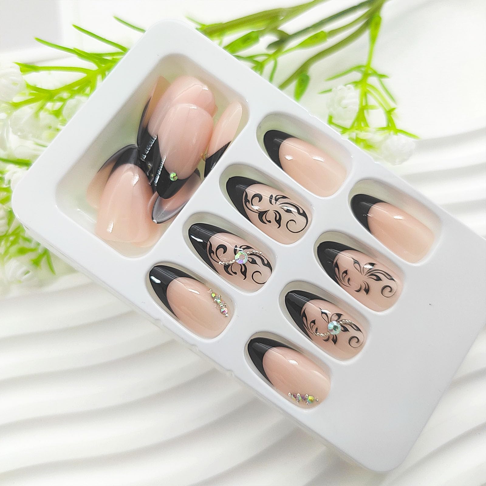 Black French Tip Press on Nails Short Almond Fake Nails - 24Pcs Nude Full Cover Acrylic Nails with Silver Pearl Rhinestones | Glossy Artificial False Nails for Women | Perfect for Parties, Weddings & Daily Wear