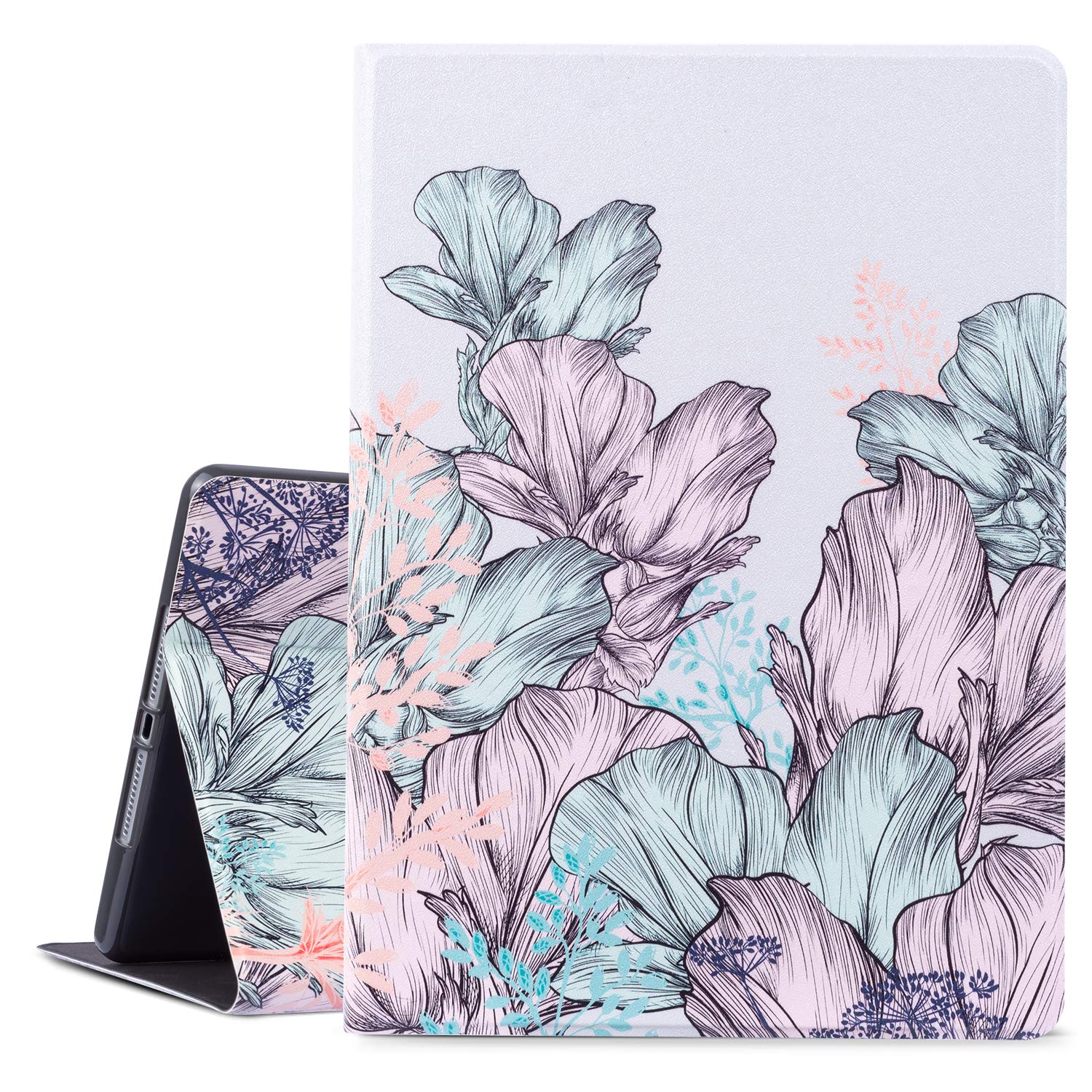 Premium Leather iPad Case for iPad 9.7 (2017/2018), iPad 5th/6th Gen & iPad Air 1/2 - Vimorco Protective Cover with Auto Wake/Sleep & Adjustable Stand (Grey Blue Flower) - Perfect for Work, Travel & Home Use