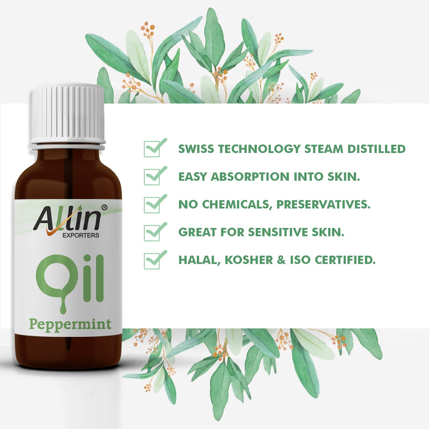 Allin Exporters 100% Pure Peppermint Essential Oil - 15ml Therapeutic Grade for Aromatherapy, Skin Care & Home Fragrance | Eliminates Odors, Relieves Stress | Perfect for Diffusers, Massage & DIY Beauty Products