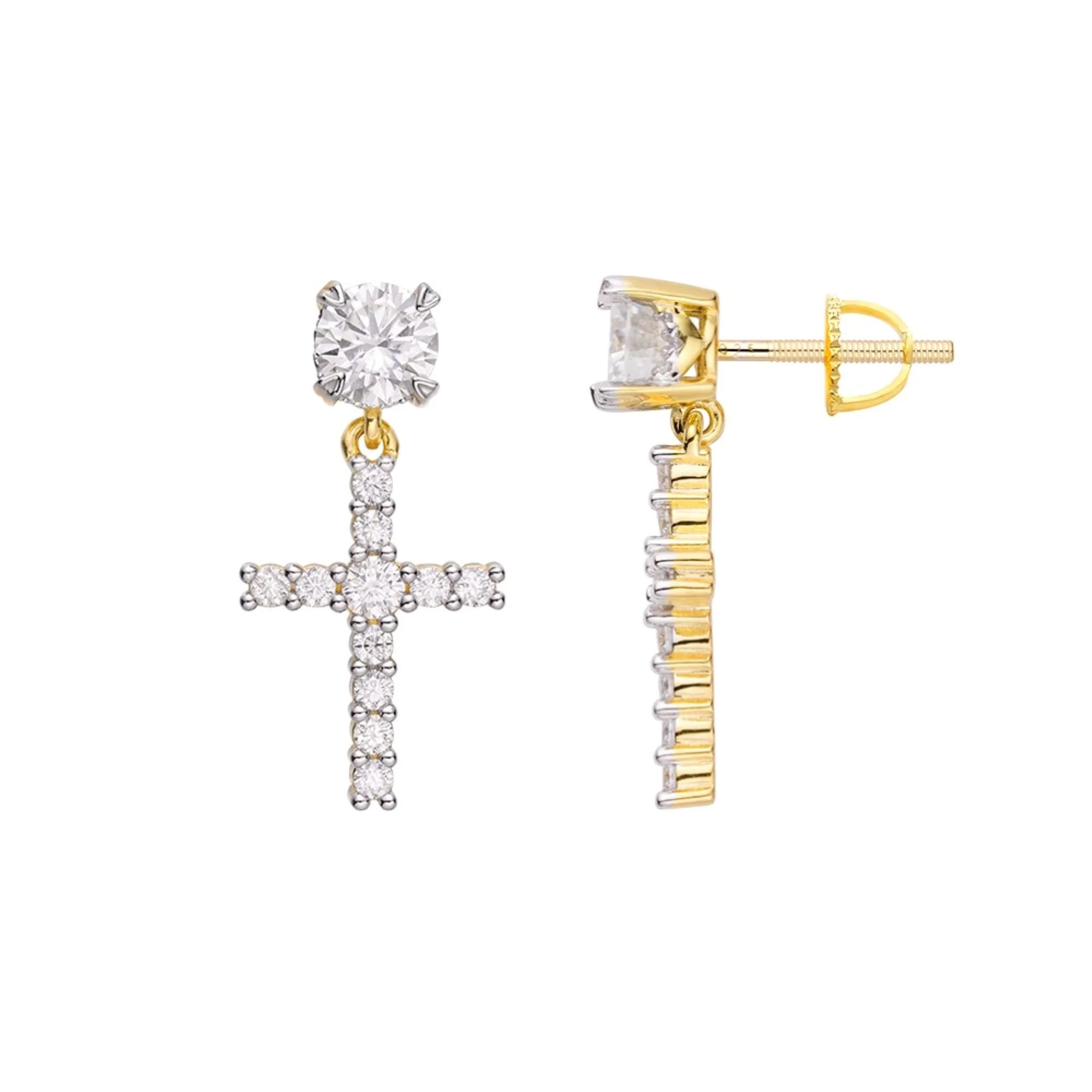 Solitaire Cross Earrings for Women - 925 Sterling Gold Moissanite Dangle Earrings - Perfect for Church, Weddings & Everyday Elegance