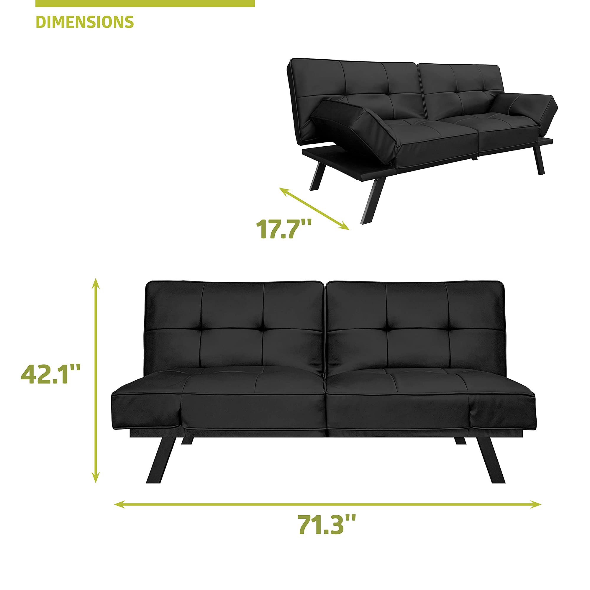 Pearington PEAR-BLK-0433 Black Leather Convertible Futon Sofa Bed - Durable Metal Frame & Legs - Multi-Functional for Living Room, Guest Room & Small Spaces
