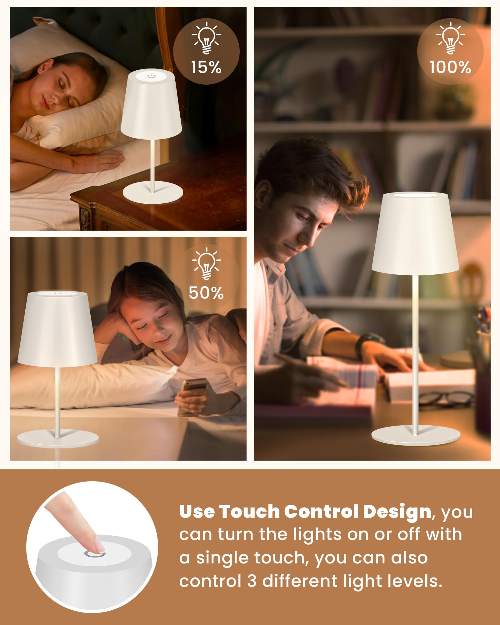 2Pack Cordless Table Lamp - Wireless Bottle Lamp with 3-Level Dimming, 5000mAh Rechargeable Battery, One-Touch Power Off, Waterproof LED Portable Desk Light for Bedroom, Bars, Camping, Outdoor (White) - Perfect for Night Reading, Parties & Emergency Lighting