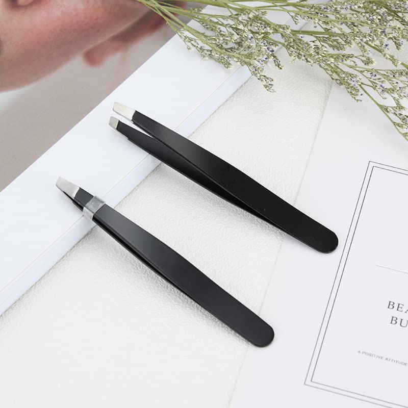 1PC Stainless Steel Slanted Eyebrow Tweezer - Precise Hair Removal Tool for Eyebrows & Facial Hair - Black Beauty Makeup Essential for Salon, Home & Travel Use
