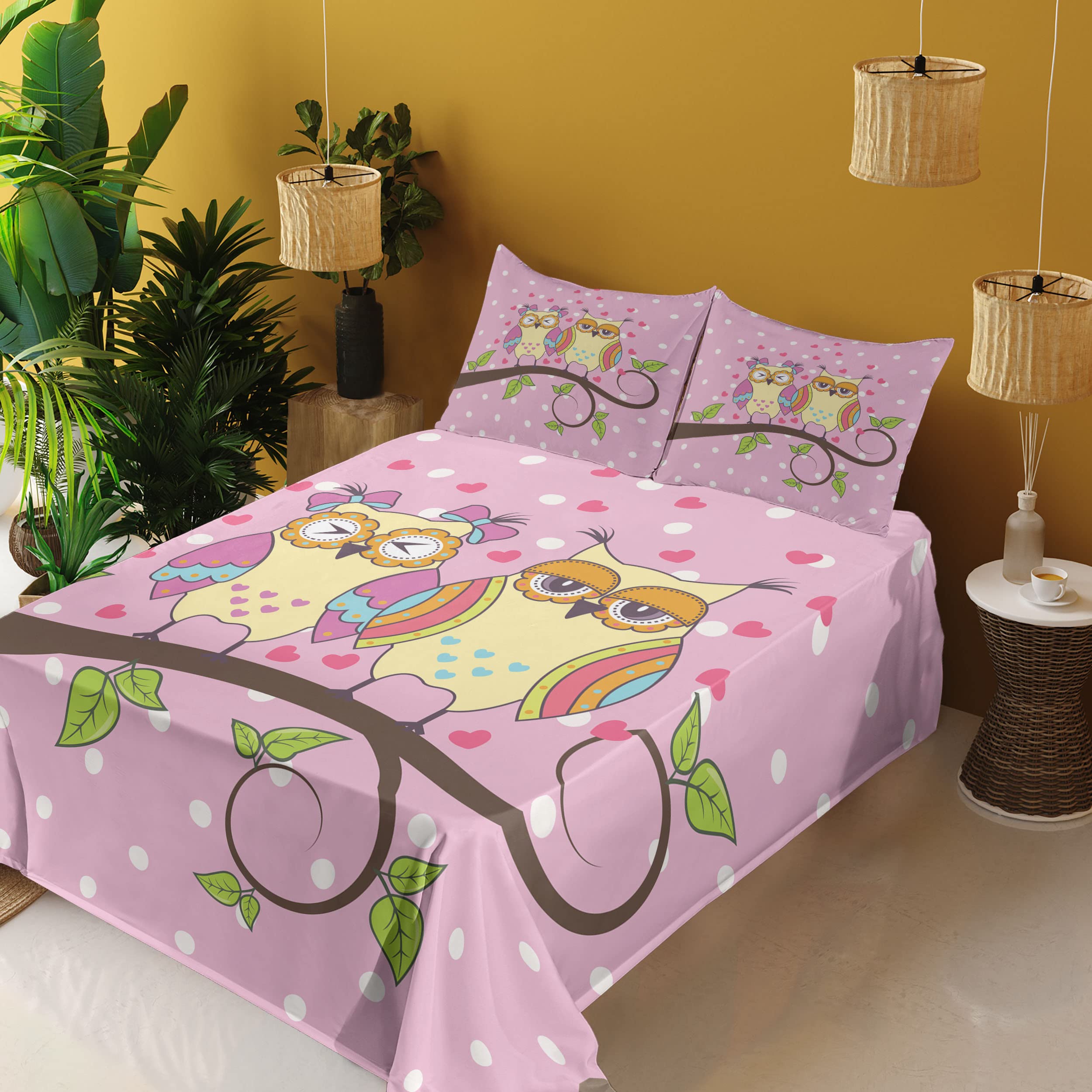 Ambesonne 4-Piece Owl Print Sheet Set - Full Size, Pale Yellow & Apple Green, Fitted & Flat Sheets with Pillowcases - Romantic Owl Couple on Branch with Polka Dots & Hearts Design - Perfect for Cozy Bedrooms, Guest Rooms & Owl-Themed Decor