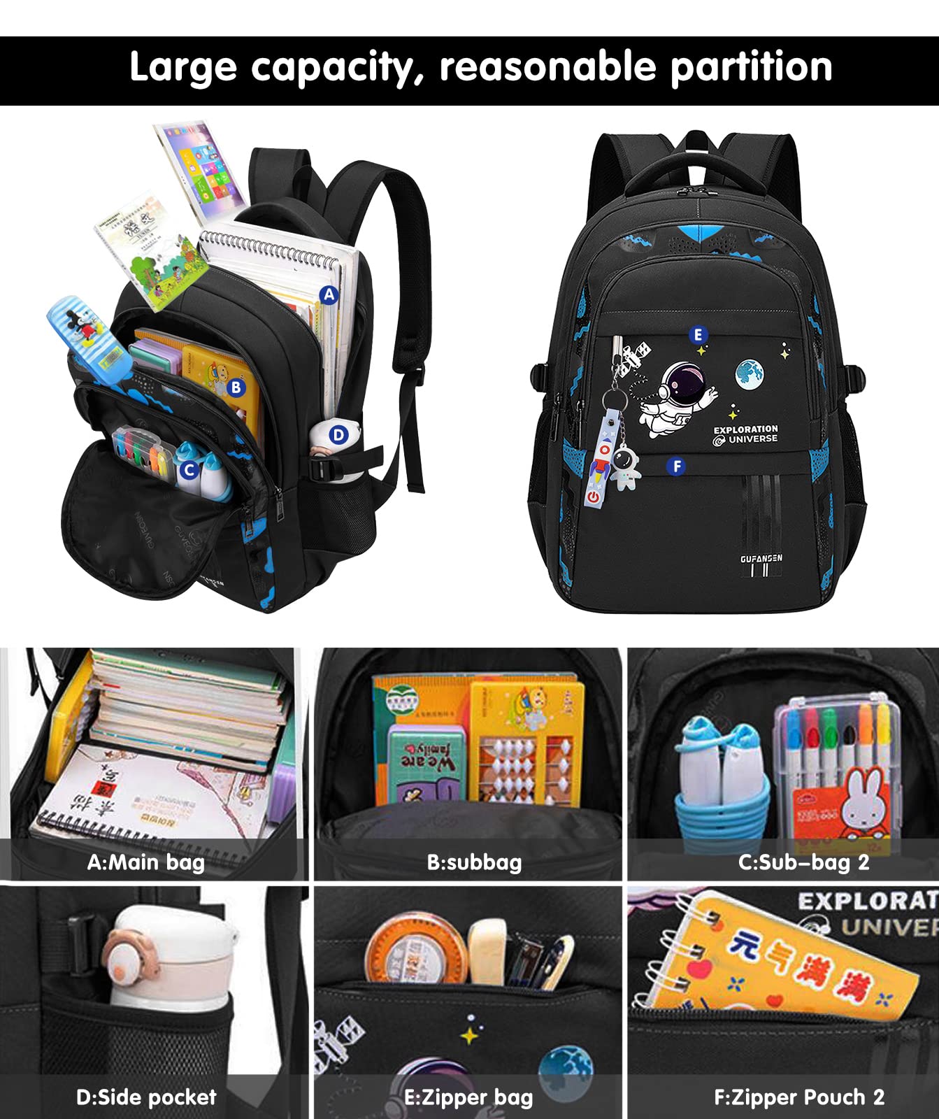 Astronaut Themed Backpack for Boys & Teens - Large Capacity School Backpack for Elementary & Middle School Students (Black) - Perfect for School, Travel & Outdoor Adventures