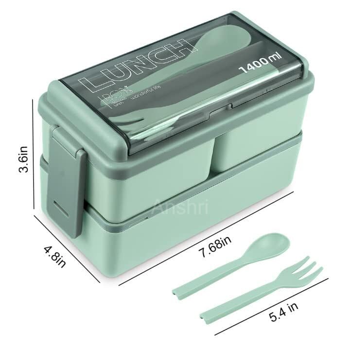 Anshri 3 Compartment Bento Lunch Box - 1400ml Leak Proof Microwave Safe Tiffin Container for Office, School, Travel - Ideal for Adults, Men, Women & Kids (Pistachio Green, Pack of 1) - Perfect for Meal Prep, Picnics & On-the-Go Dining