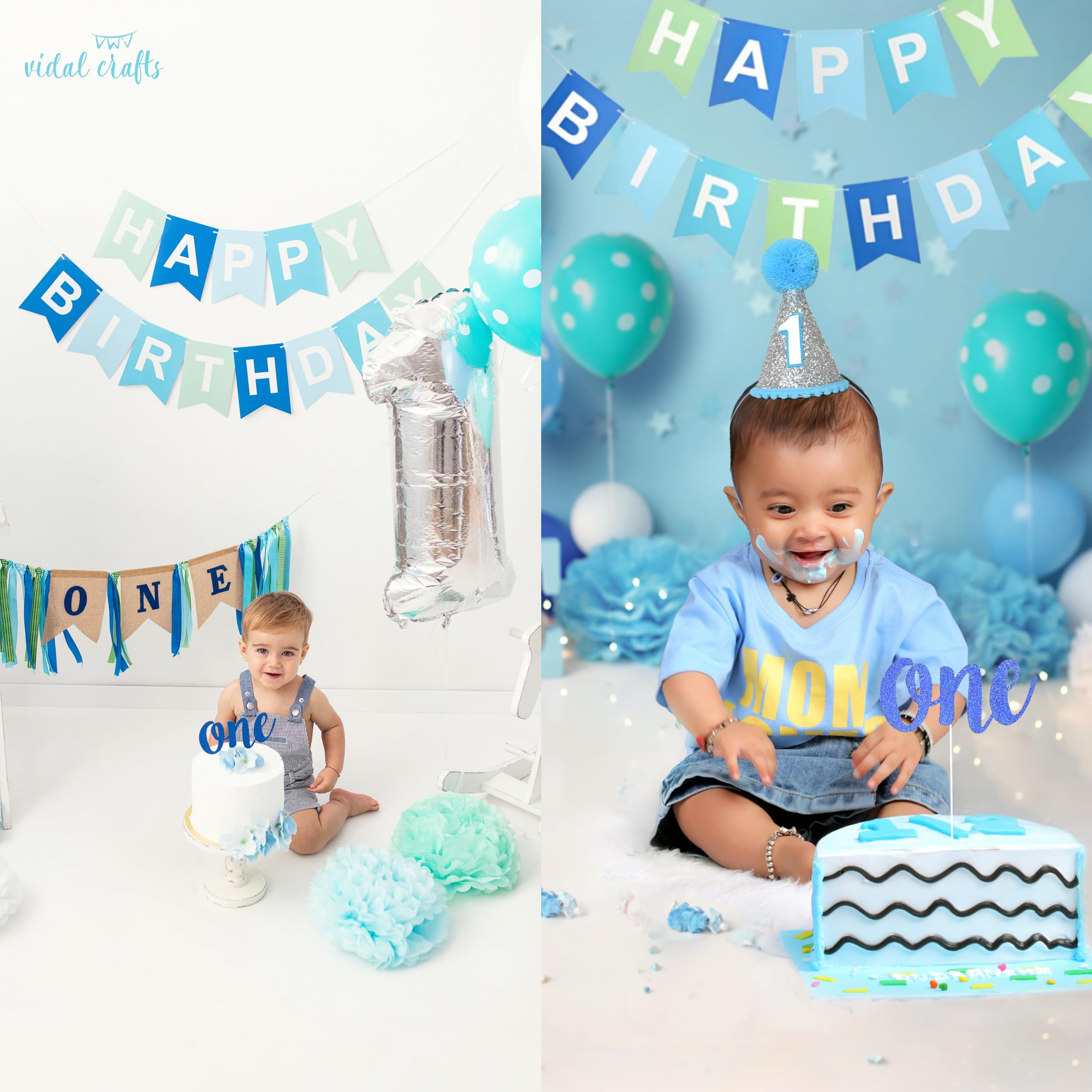 VIDAL CRAFTS 1st Birthday Party Decorations Set for Boys - High Chair Banner, Balloons, Paper Flowers & Cake Topper - Baby Boy's First Birthday Supplies - Perfect for 1 Year Old Birthday Parties, Photo Shoots & Nursery Decorations