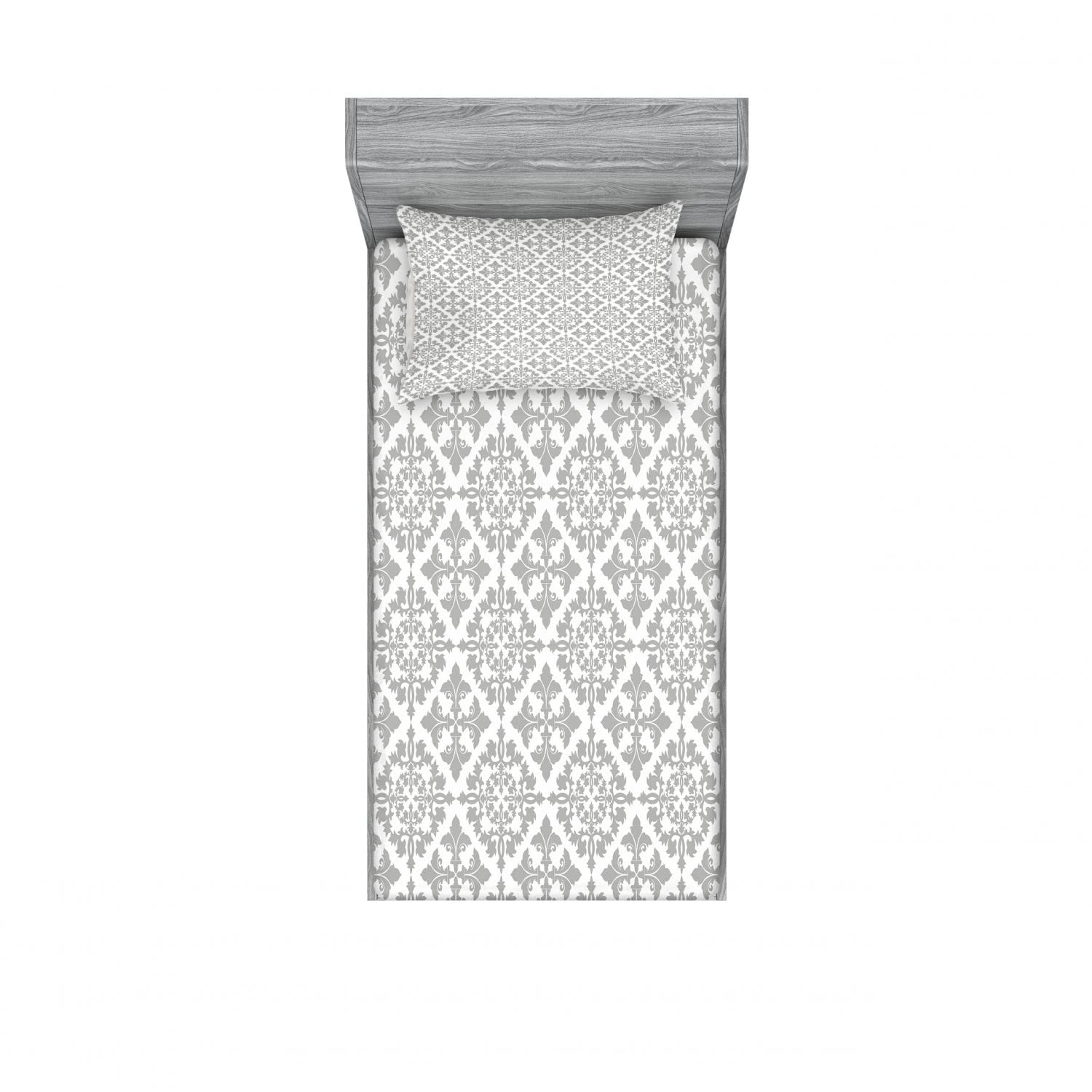 Ambesonne 2-Pack King Size Fitted Sheet Set with 4 Pillow Shams - Victorian Damask Floral Pattern Grey White Luxury Bedding for Master Bedroom & Guest Room Decor