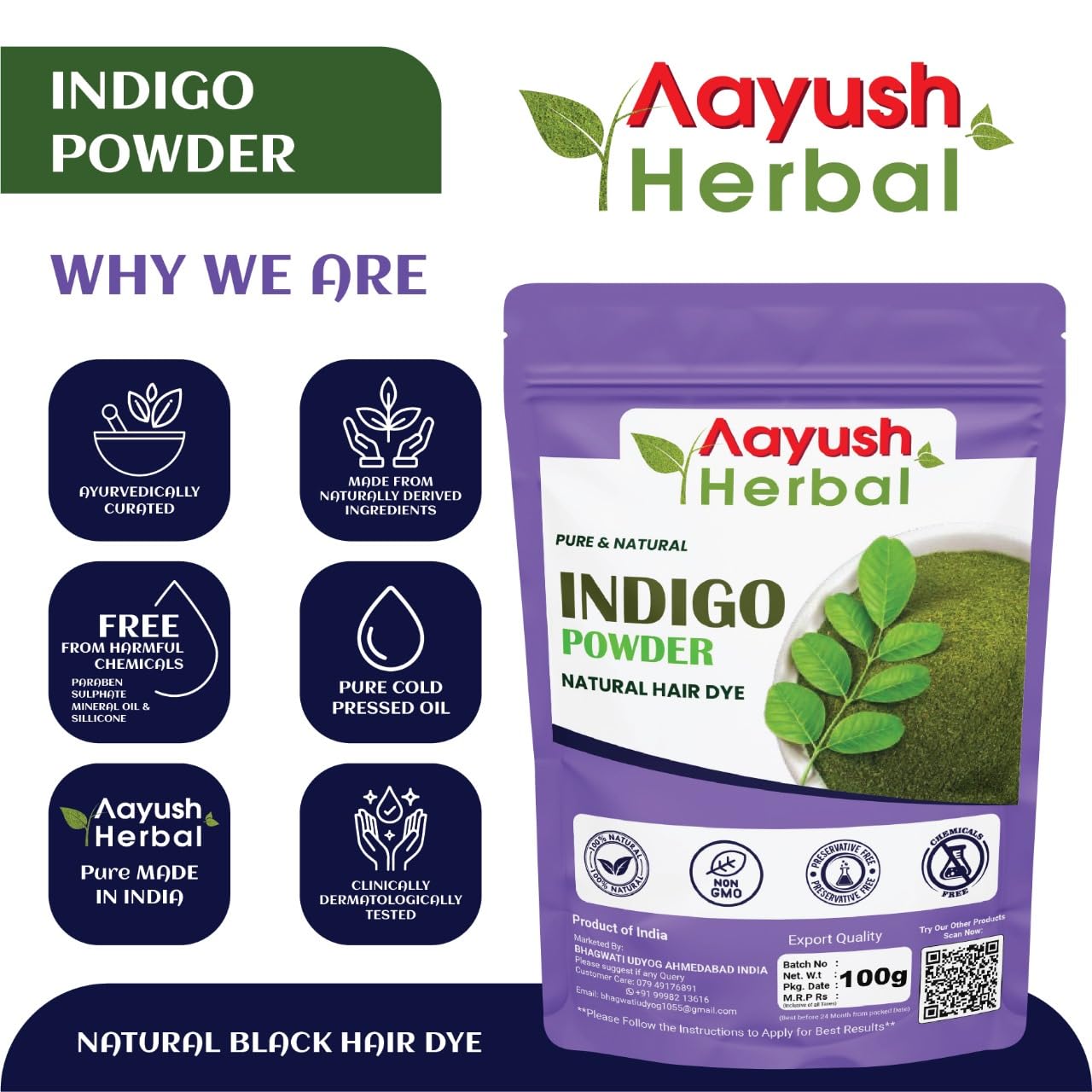 Oree Aayush 100% Natural Herbal Indigo Powder for Hair - Chemical-Free Black Hair Dye (100g) | Safe Gray Coverage & Hair Coloring for Men & Women | DIY Home Hair Treatment