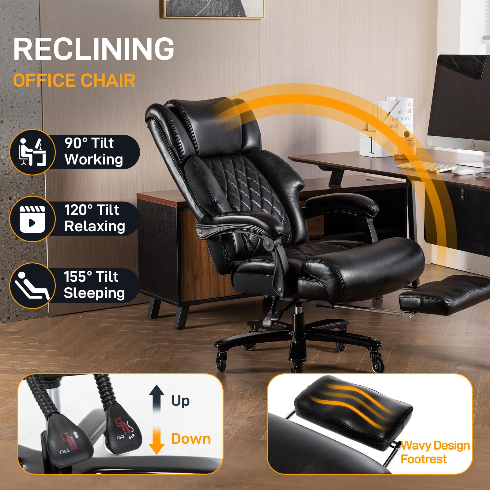 Big and Tall Office Chair for Heavy People - Heavy Duty Executive High Back Reclining Wide Seat Ergonomic Desk Chair with Footrest - Perfect for Home Office, Gaming & Computer Workstations (Black)
