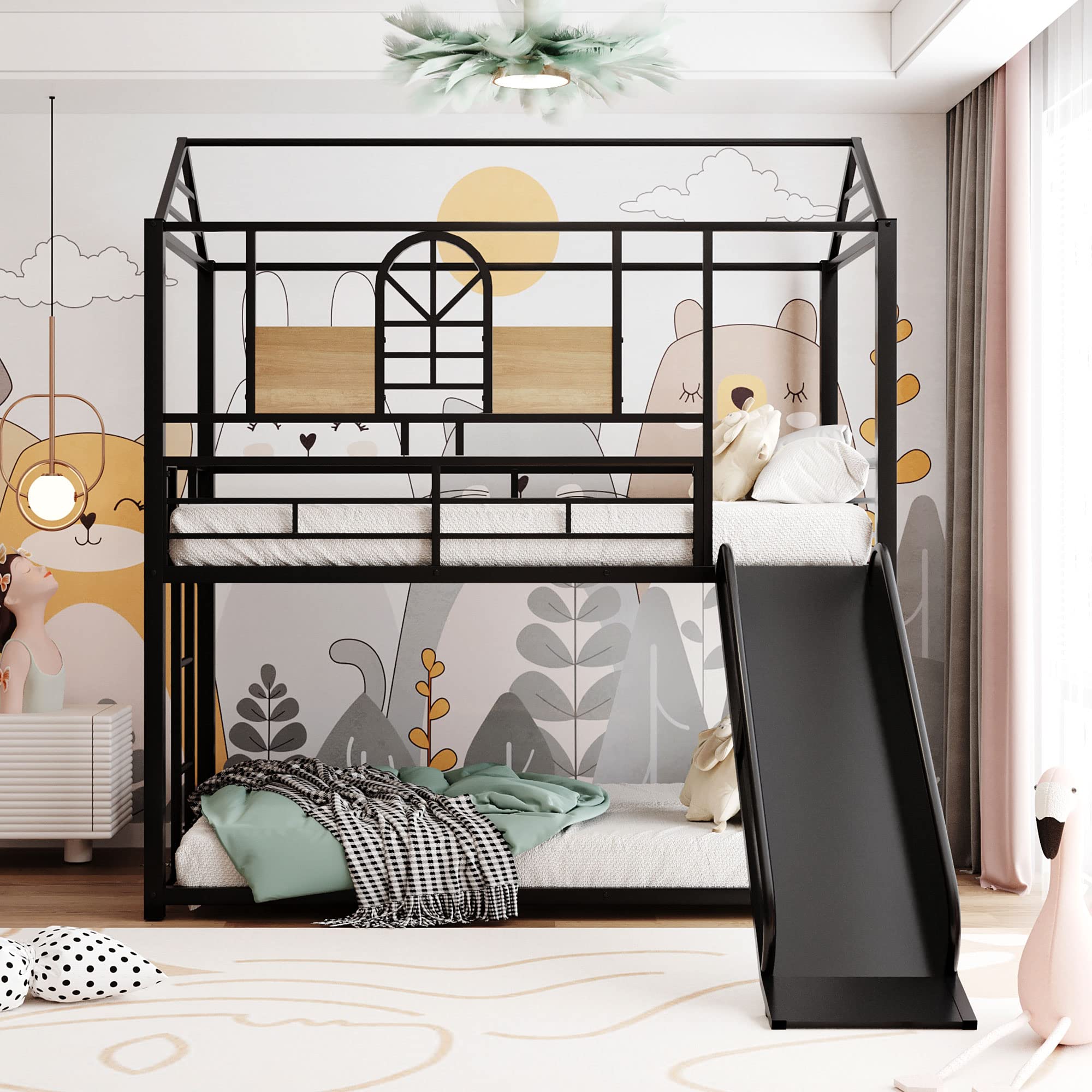 Twin Over Twin Metal Bunk Bed with Slide & Ladder - Kids Housebed for Toddlers & Children - Black Frame with Black Slide - Perfect for Bedrooms, Playrooms & Sleepovers - Can Be Decorated with Mosquito Nets