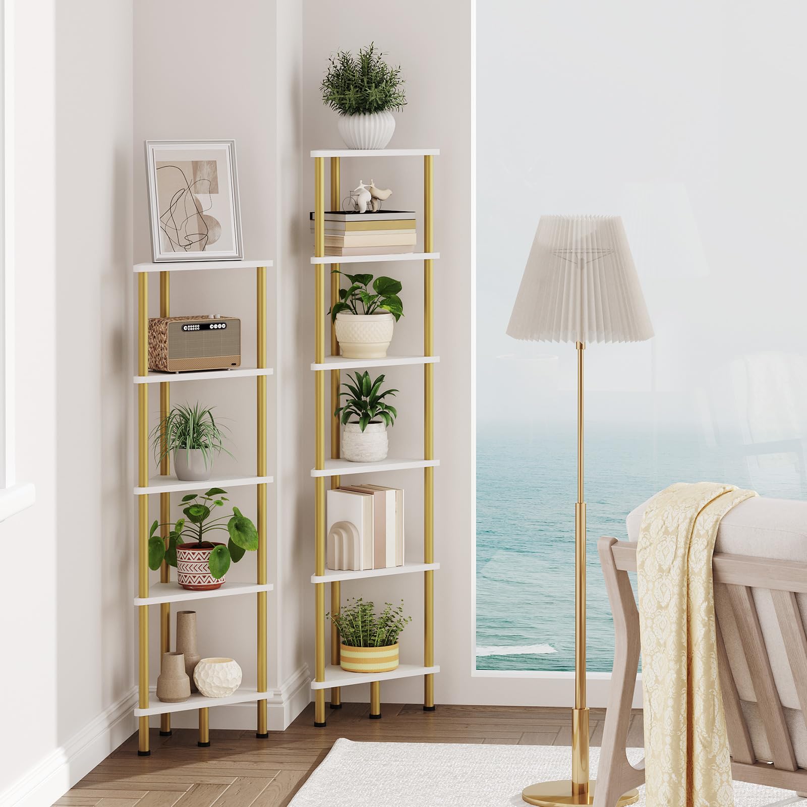 HOOBRO 6-Tier Industrial Corner Bookshelf - White & Gold Metal Wall Shelf for Small Spaces, Living Room, Bedroom | Book Storage, Plant Display, Home Decor Organizer (Model DW36CJ01)