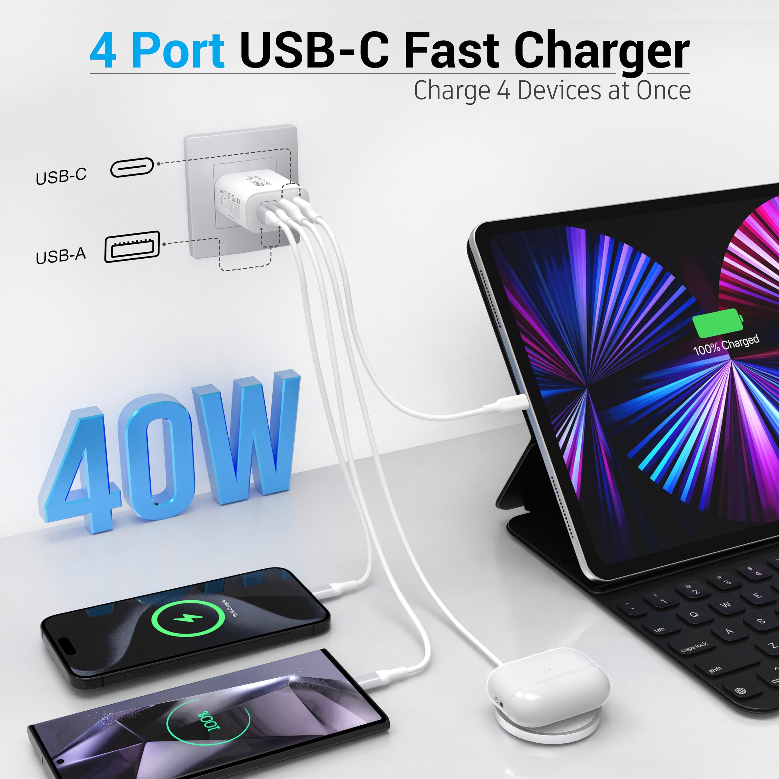 40W 4-Port USB C Wall Charger with PD & QC Fast Charging - Multi Port Power Adapter for iPhone 16/15/14/13/12/11/Pro Max/X/Xr/Xs/8/7, Apple Watch & Samsung Galaxy Phones (White) - Perfect for Home, Office & Travel Charging