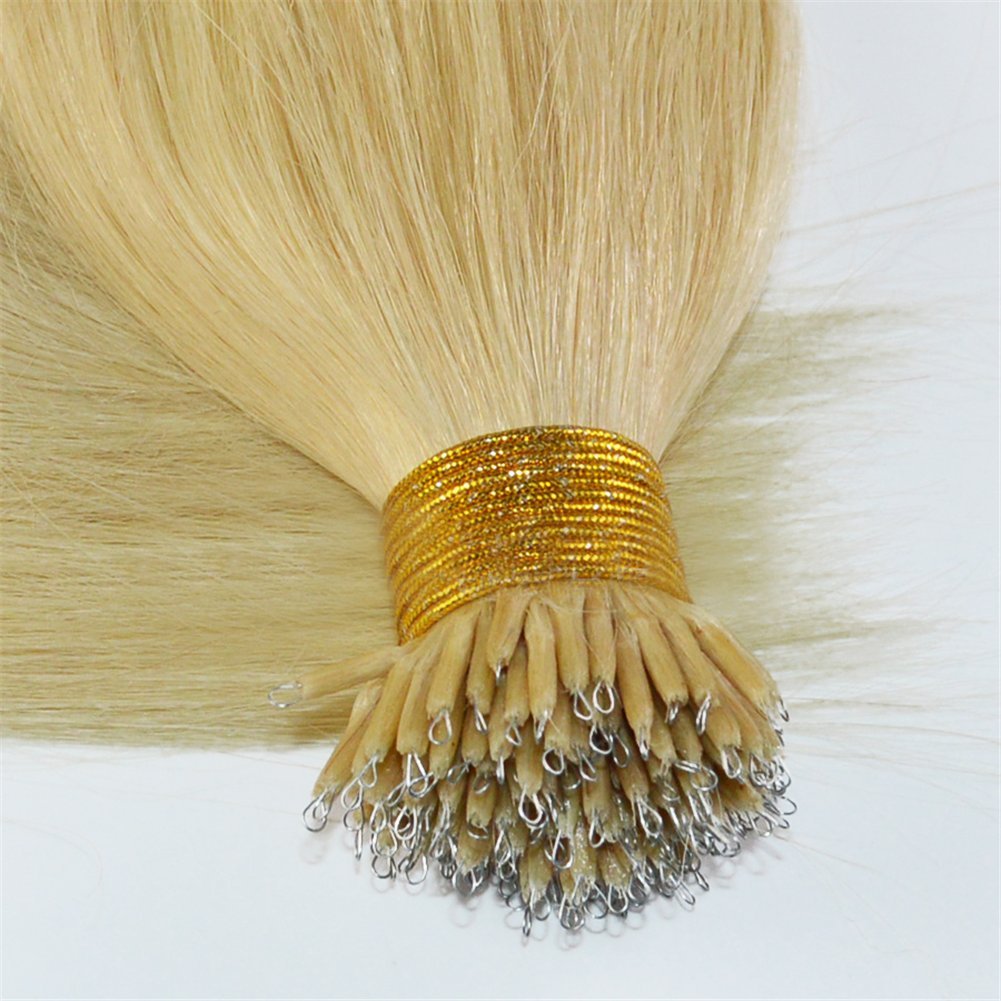 Remeehi 100 Strands Silky Straight Micro Bead Nano Rings Hair Extensions - 100% Brazilian Virgin Human Hair - 1G/S - 22 Inches - #60 Platinum Blonde - Perfect for Parties, Weddings & Daily Styling