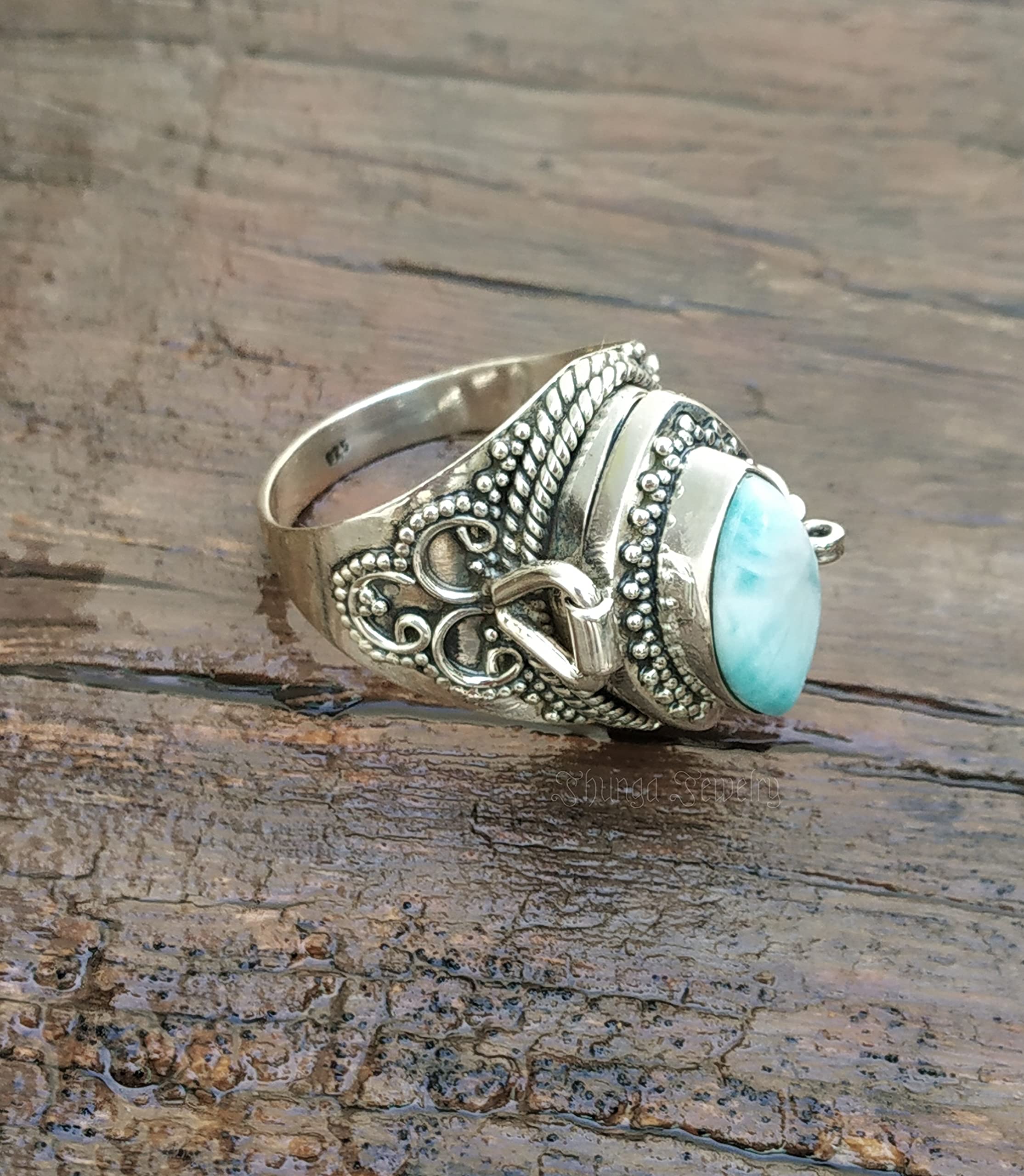 Dominican Republic Larimar Poison Ring - Sterling Silver Locket Ring with Secret Compartment | Magic Portal Jewelry, Bali Style Pill Box Ring | Perfect for Gifts, Witchy Aesthetic & Boho Fashion (Size 6)