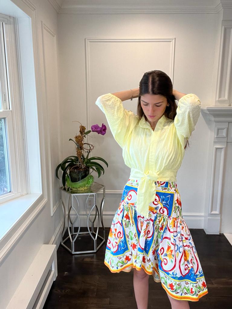 Stylish Yellow Majolica Printed Skirt for Women - Floral Summer Skirt with Elastic Waist - Perfect for Beach Vacations, Date Nights & Casual Outings