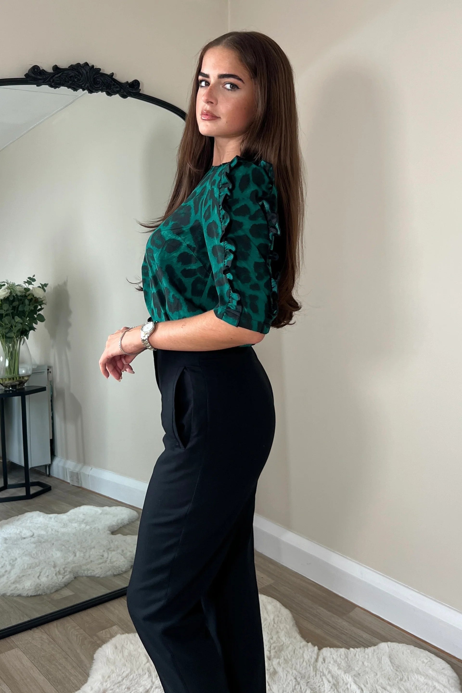 Asher Animal Print Frill Sleeve Blouse - Green Women's Fashion Top for Casual Wear & Party Outfits