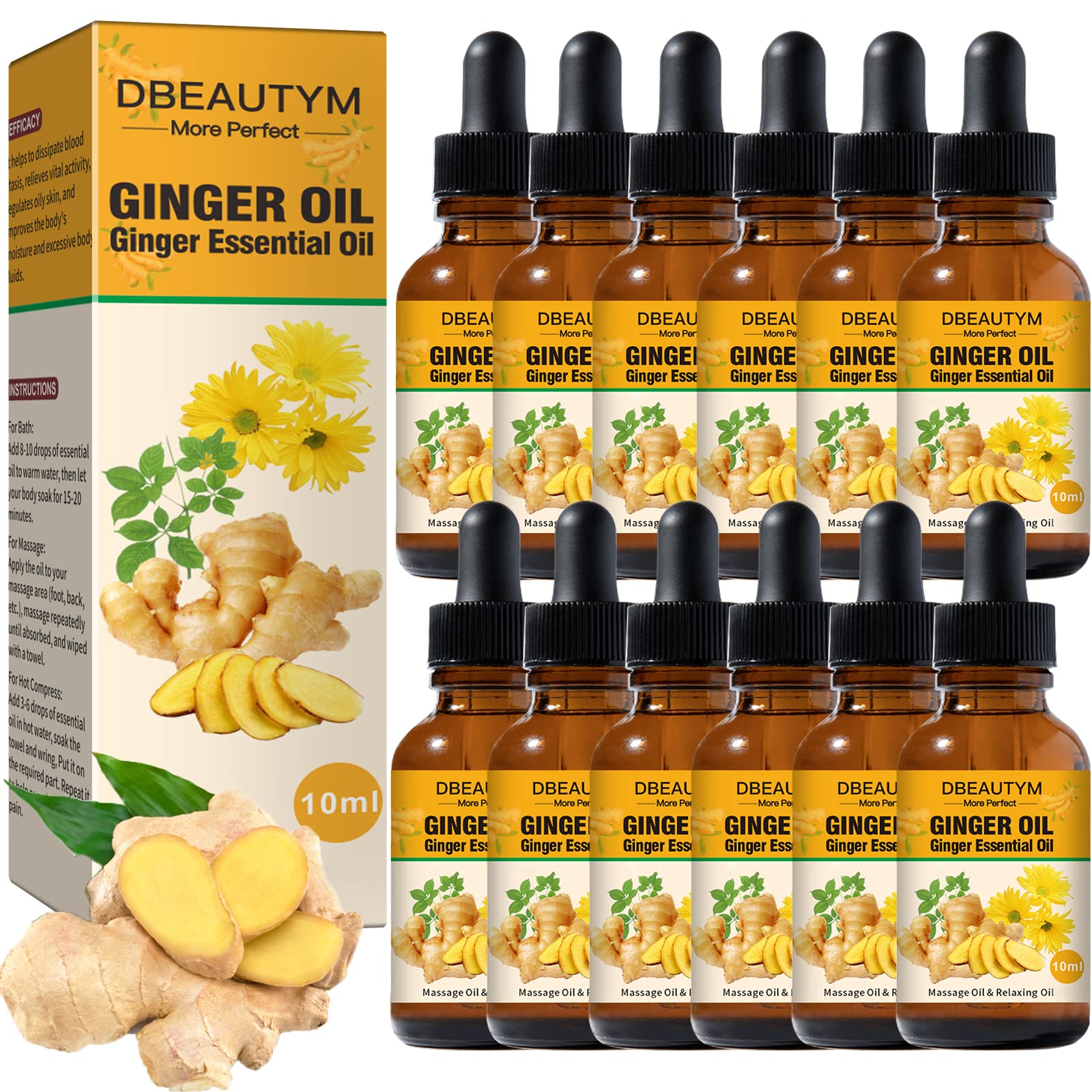 12 Pack Ginger Oil for Lymphatic Drainage & Muscle Relief - Vitamin E Enriched Massage Oil with Arnica for Skin Care, Belly Massage & Sore Muscles - Warming Plant-Based Aroma Oil for Spa, Post-Workout & Relaxation Therapy