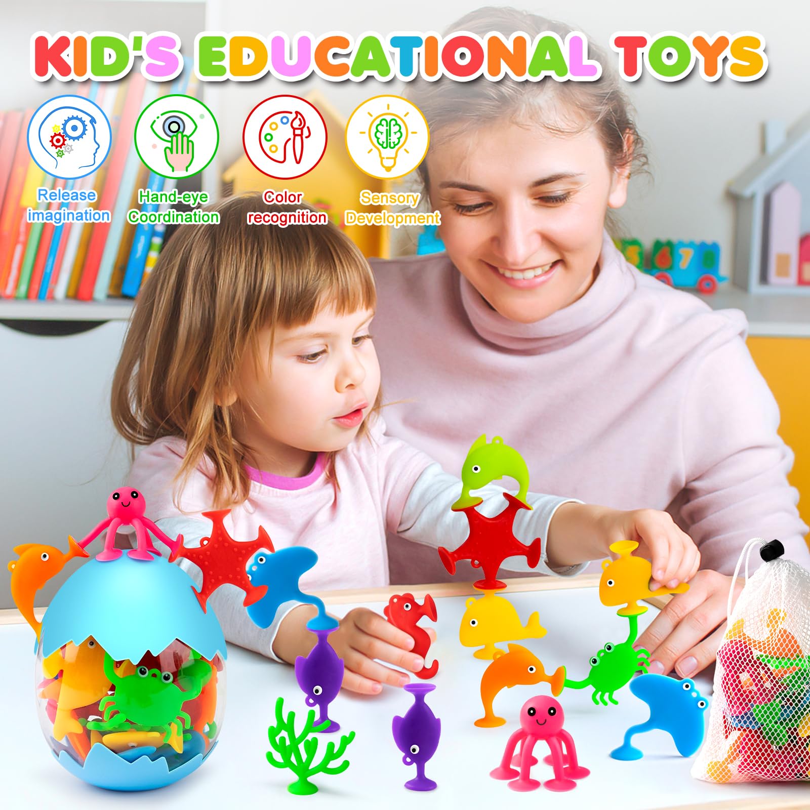 18pcs Ocean Animal Suction Cup Bath Toys for Kids - Waterproof Sensory Toys with Eggshell Storage | Mold-Free Toddler Bath Time Fun for 3-7 Year Old Boys & Girls | Perfect Travel Toys & Birthday Gifts for Pool, Beach & Bathtime Play