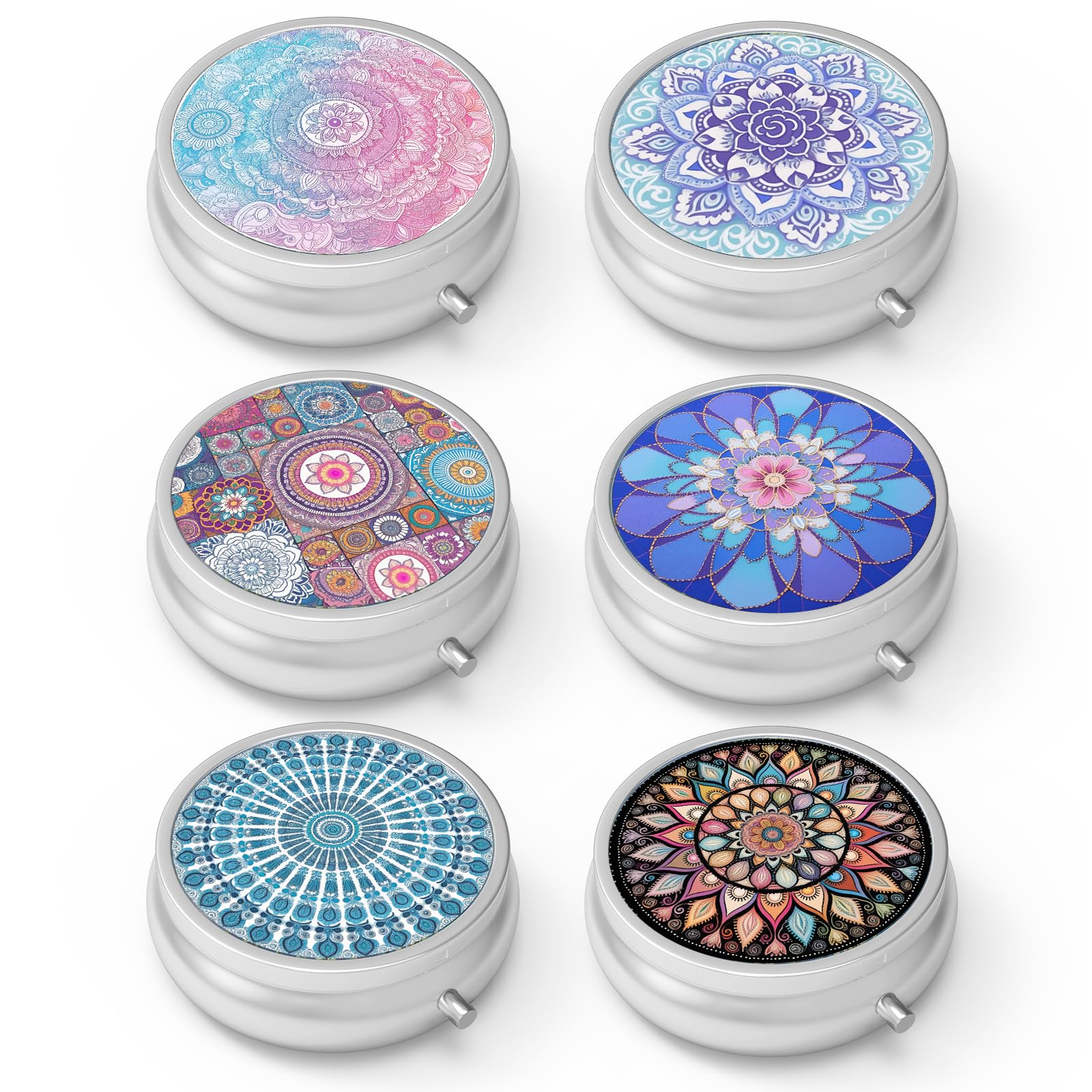 3-Compartment Portable Pill Organizer Box - Decorative Metal Medicine Case for Vitamins & Pills - Perfect for Travel, Purse or Pocket - Unique Gift Idea (6-Piece Set)