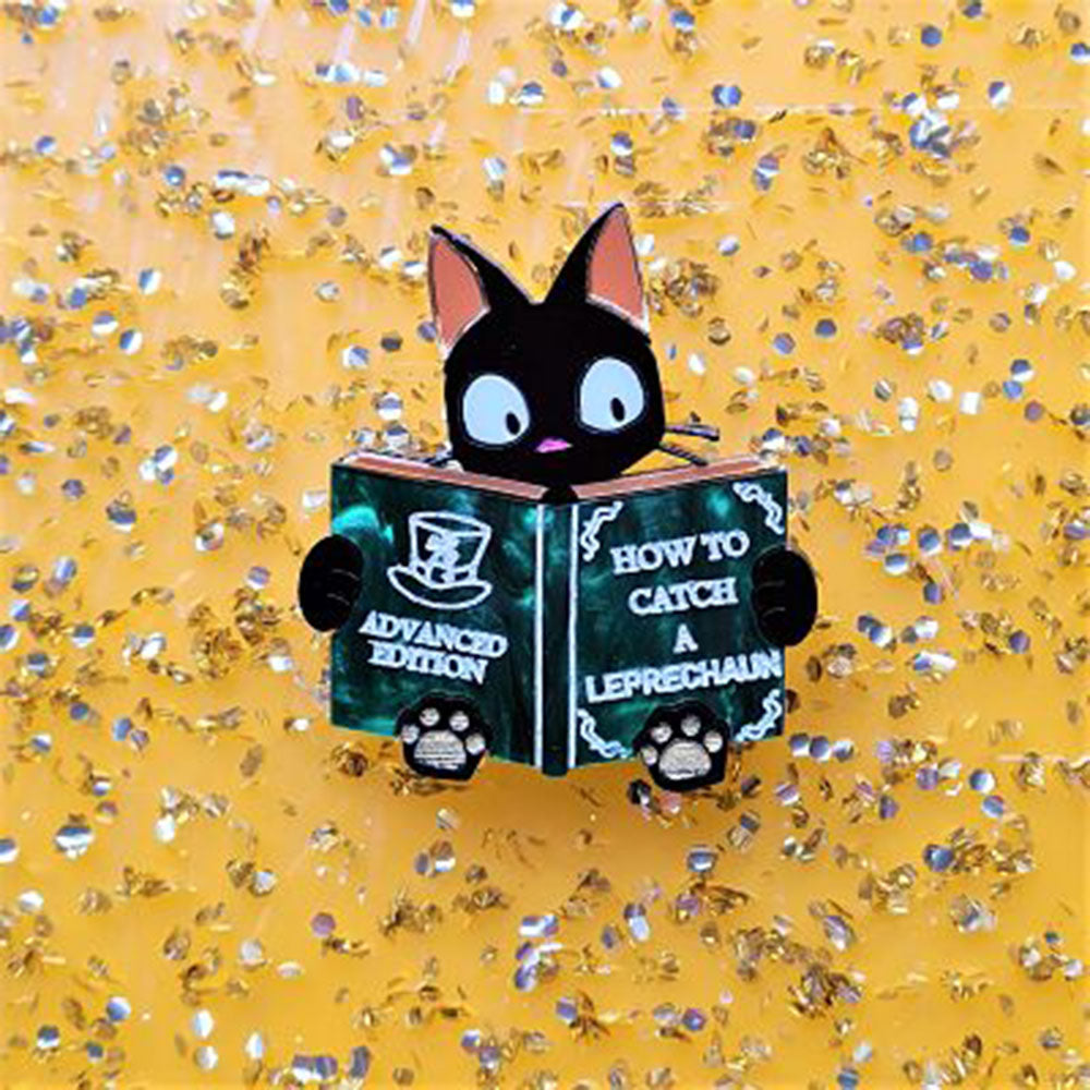 Catch A Leprechaun Book Cat Brooch - Irish-Themed Cat Pin for St. Patrick's Day - Perfect for Book Lovers & Jewelry Collectors by Cherryloco Jewellery